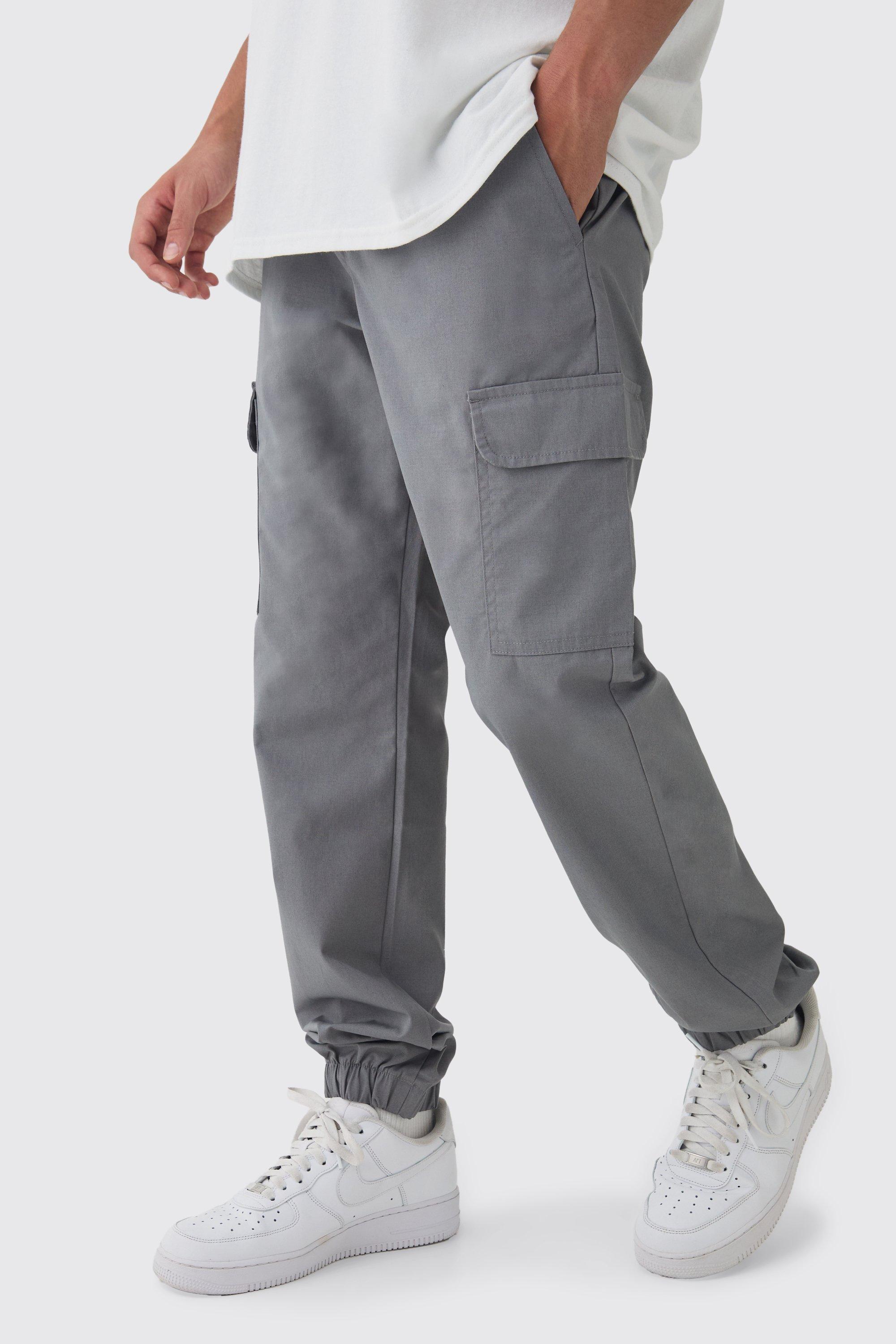 Mens Grey Elasticated Tapered Ripstop Cargo Trousers, Grey