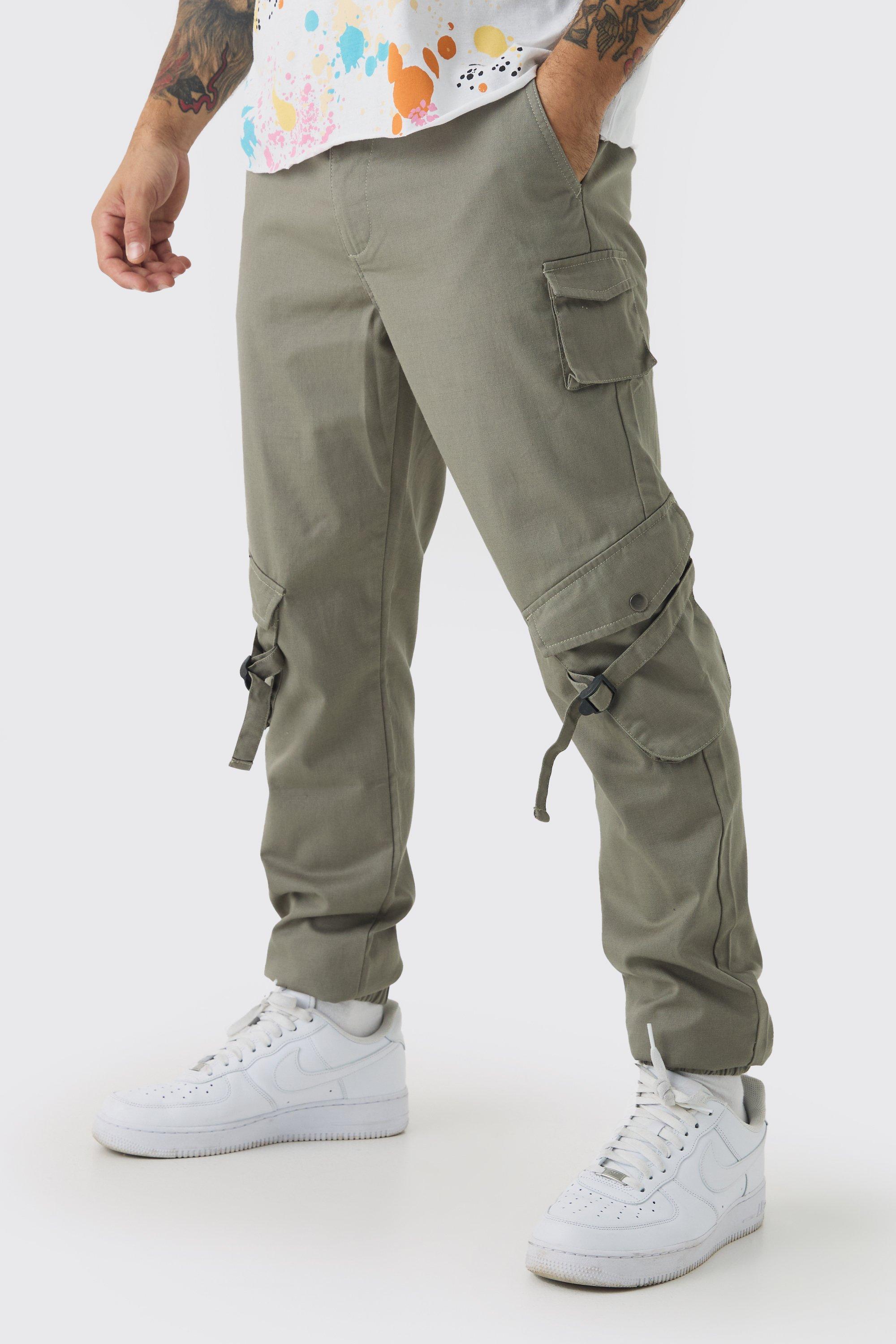 Pantaloni Cargo Slim Fit elasticizzati in nylon ripstop con fibbia, Verde