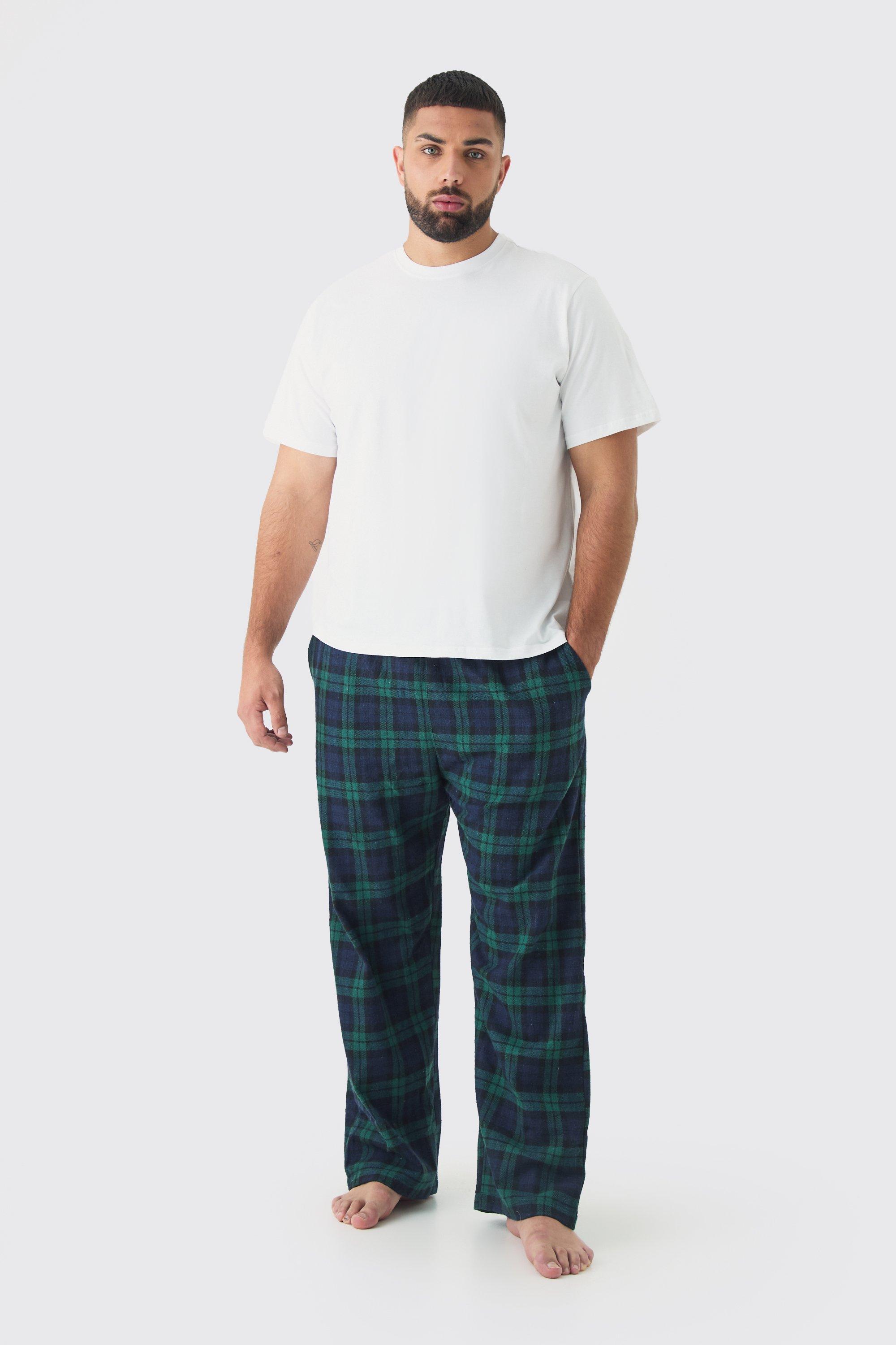 Mens Plus Brushed Check Loungewear Bottom and T-shirt Set in Green, Green