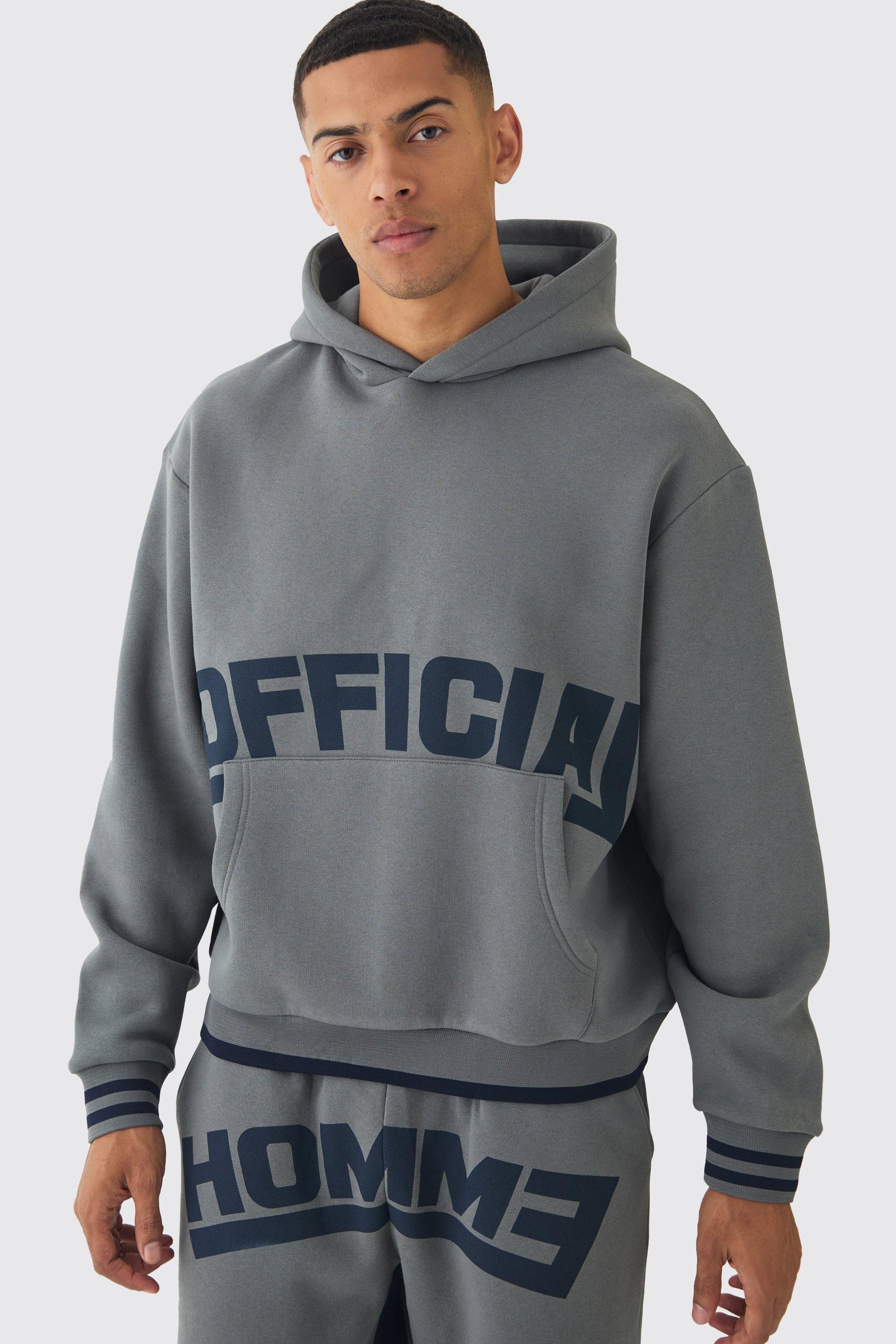 Felpa squadrata oversize a coste con grafica Official, righe e cappuccio, Grigio