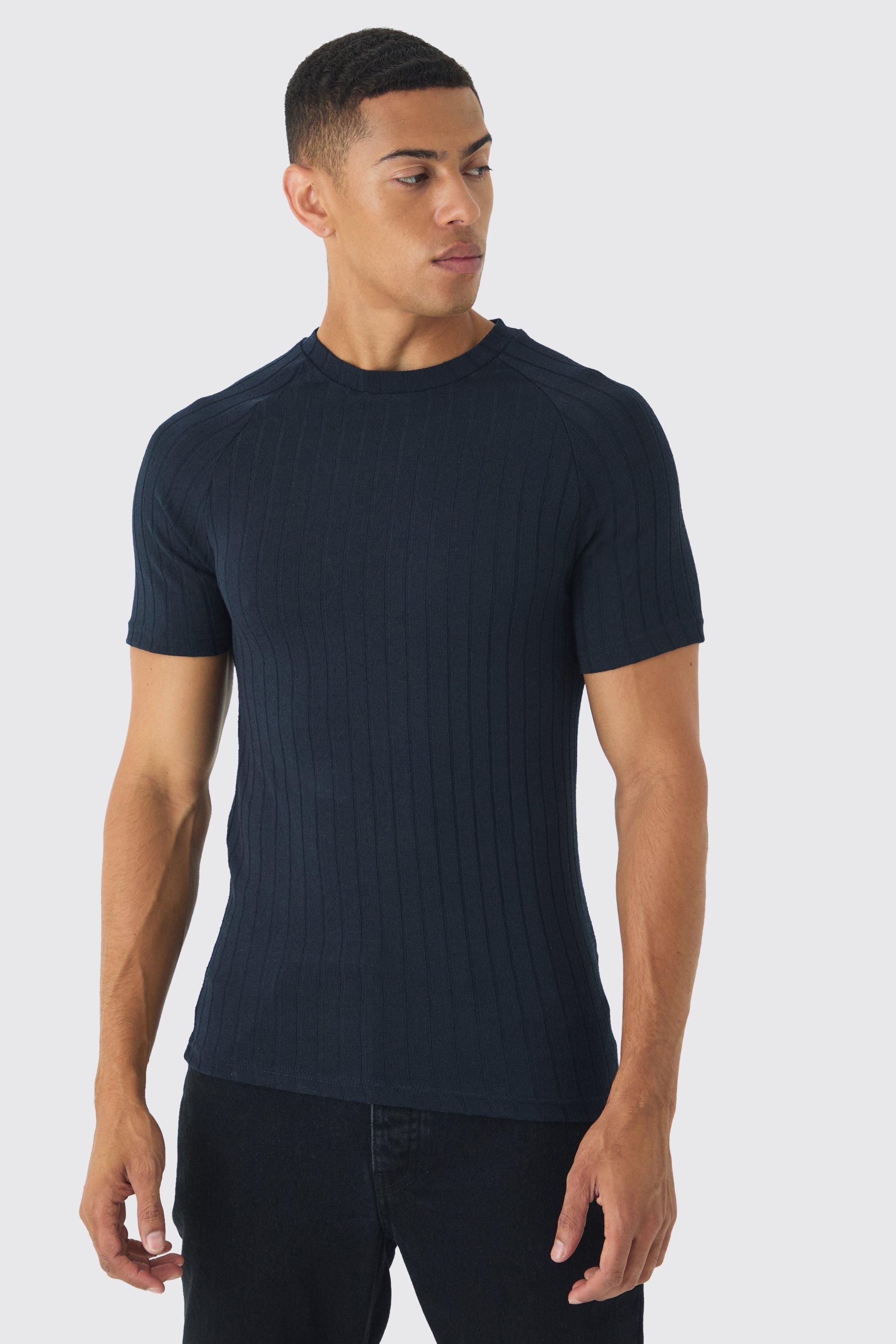 Mens Navy Raglan Chunky Rib Athlete T-Shirt, Navy