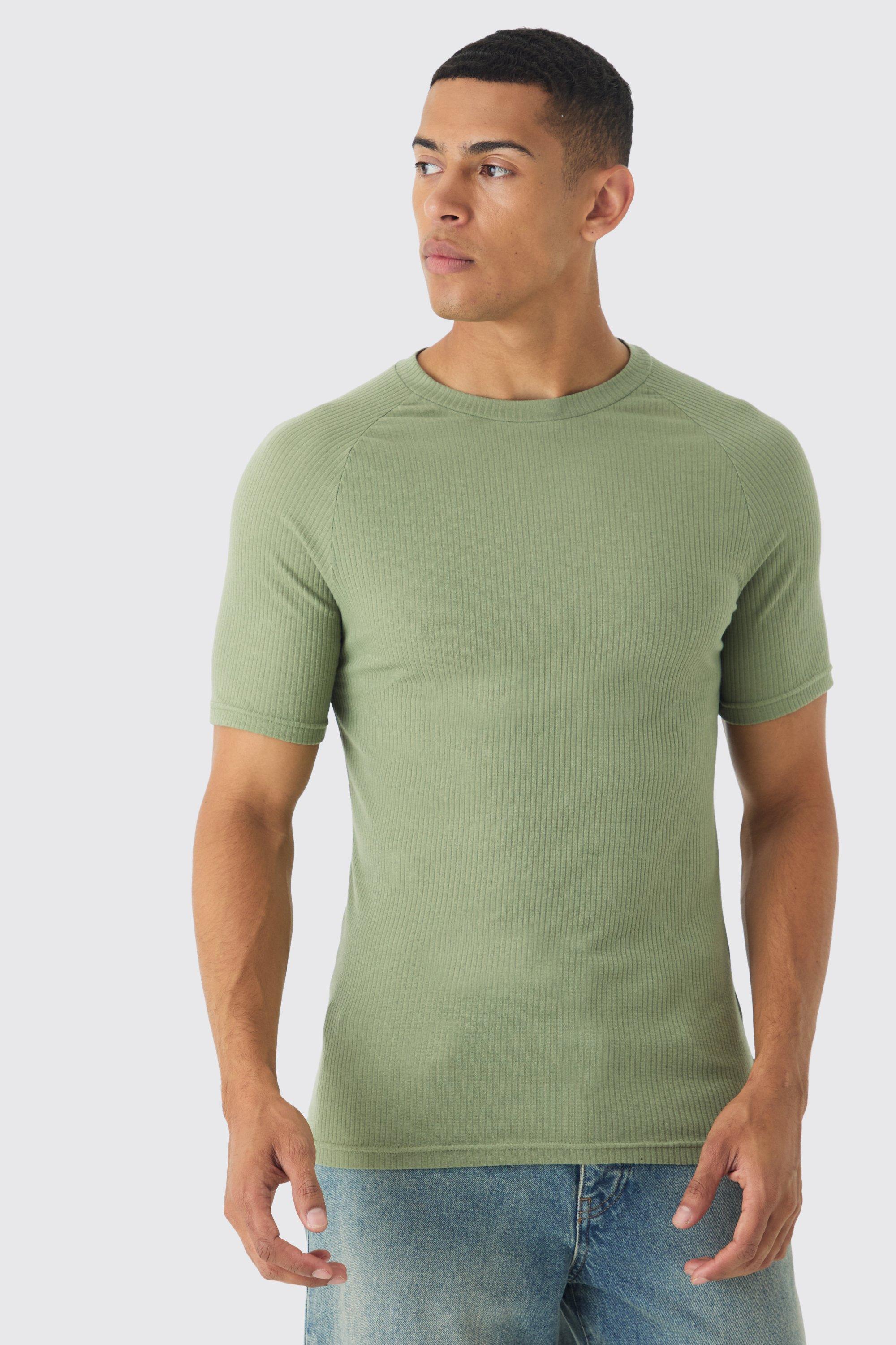 T-shirt attillata da atleta a coste con maniche raglan, Verde