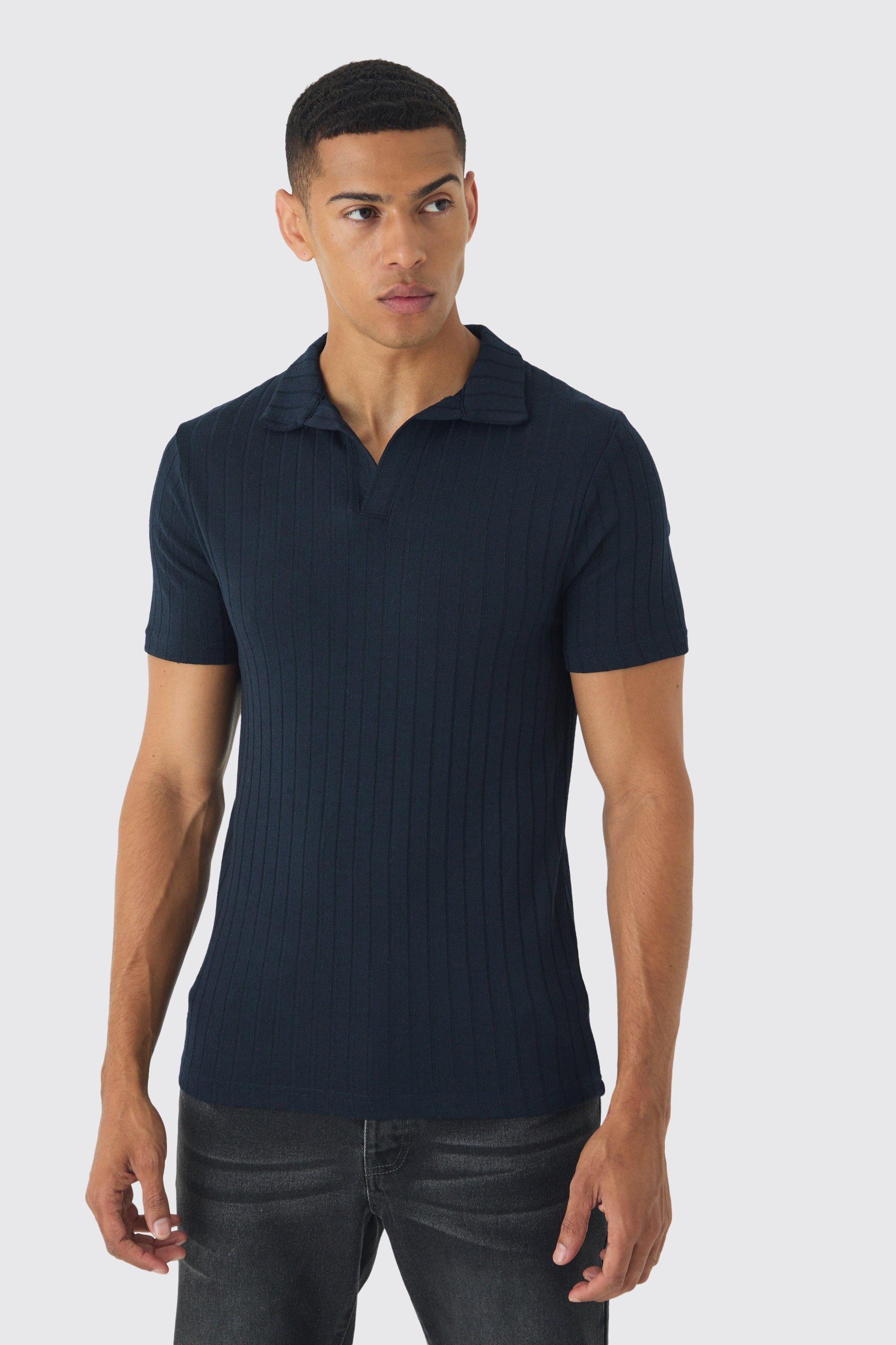 Mens Navy Chunky Rib Notch Neck Polo, Navy