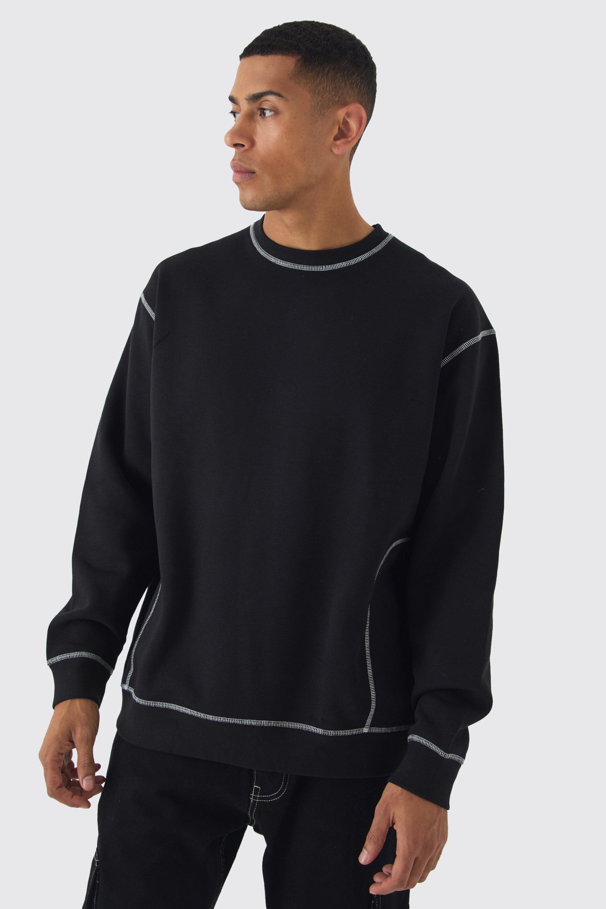 Mens Black Oversized Contrast Stitch Sweatshirt, Black