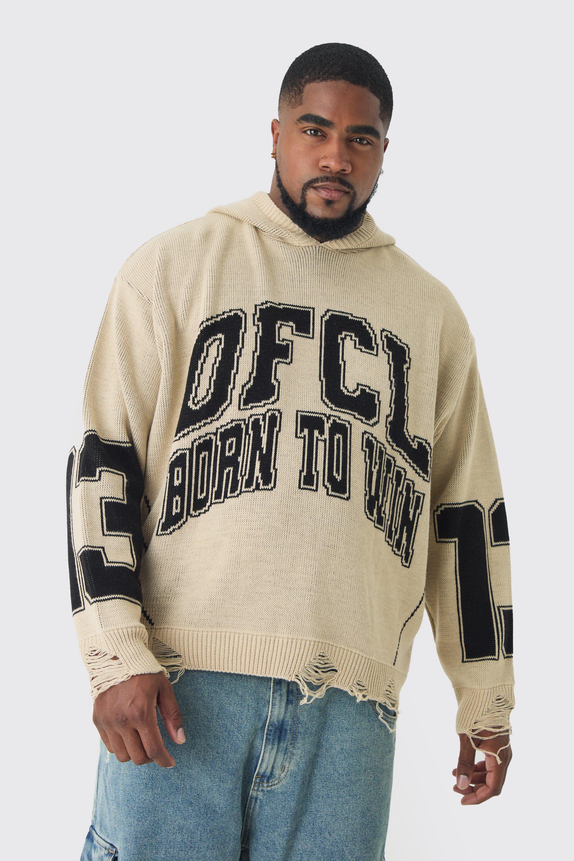 Mens Beige Plus Varsity Distressed Knitted Hoodie, Beige