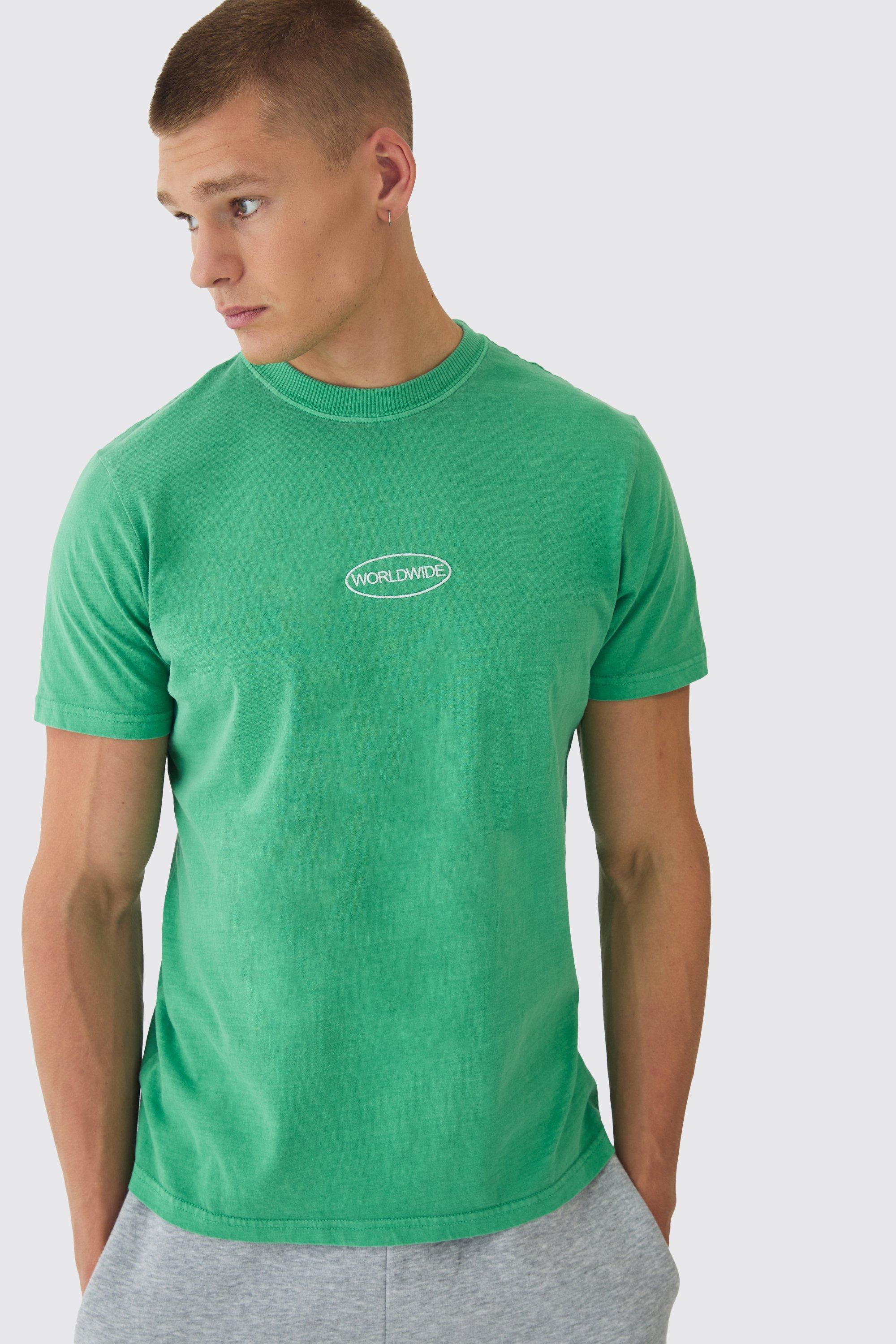 T-shirt Slim Fit in lavaggio Worldwide con ricamo sul petto, Verde