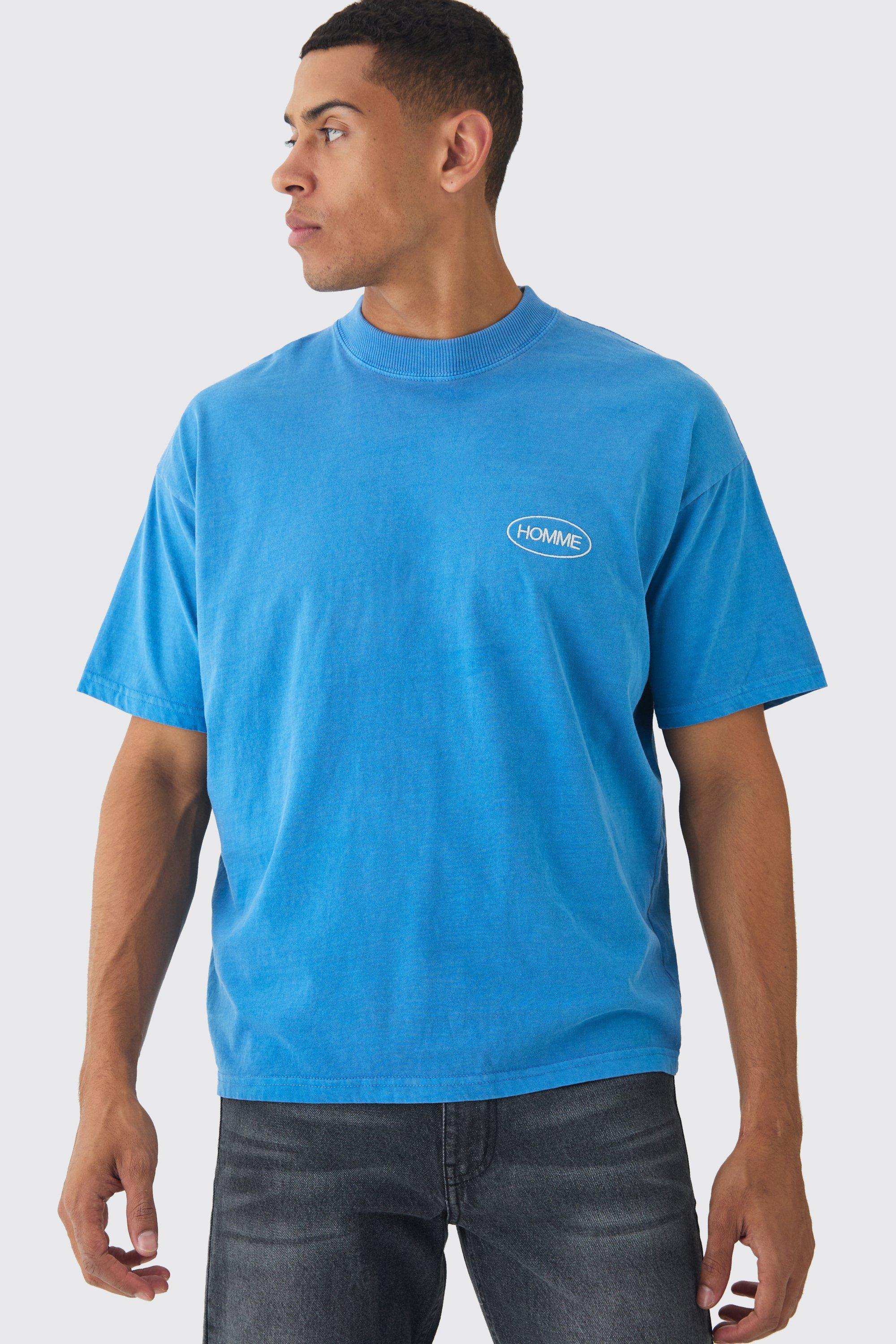 T-shirt oversize con ricamo Homme sul petto e girocollo esteso, Azzurro