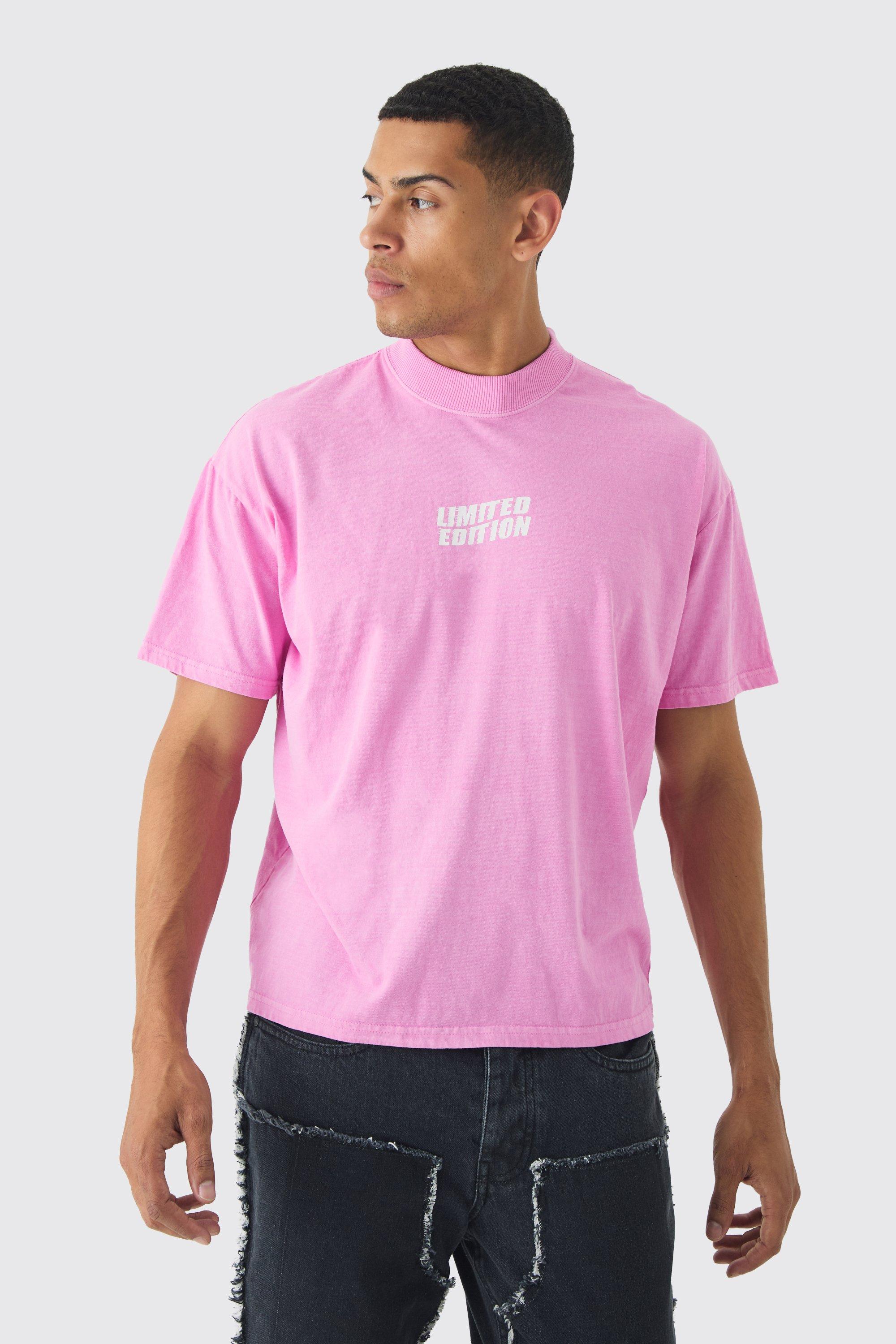 Mens Pink Oversized Extended Neck Washed Limited Edition T-Shirt, Pink