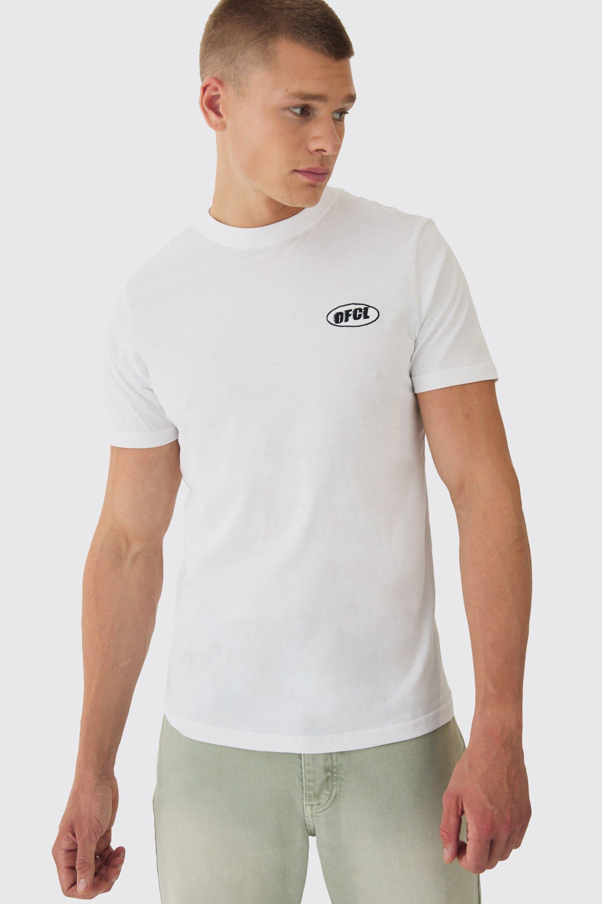 Mens White Slim OFCL Chest Embroidery T-Shirt, White