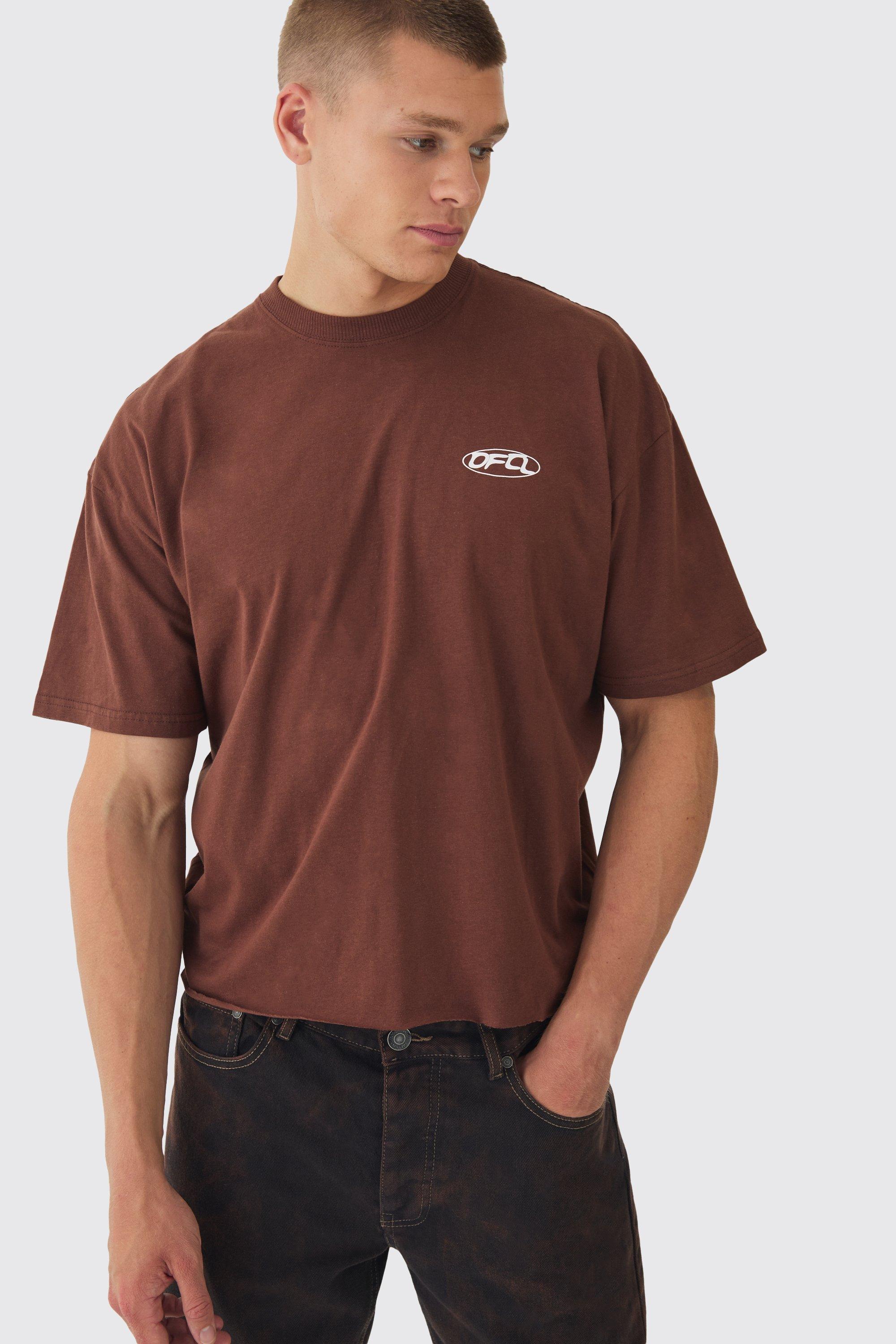 Mens Brown Boxy OFCL Wash Print T-Shirt, Brown