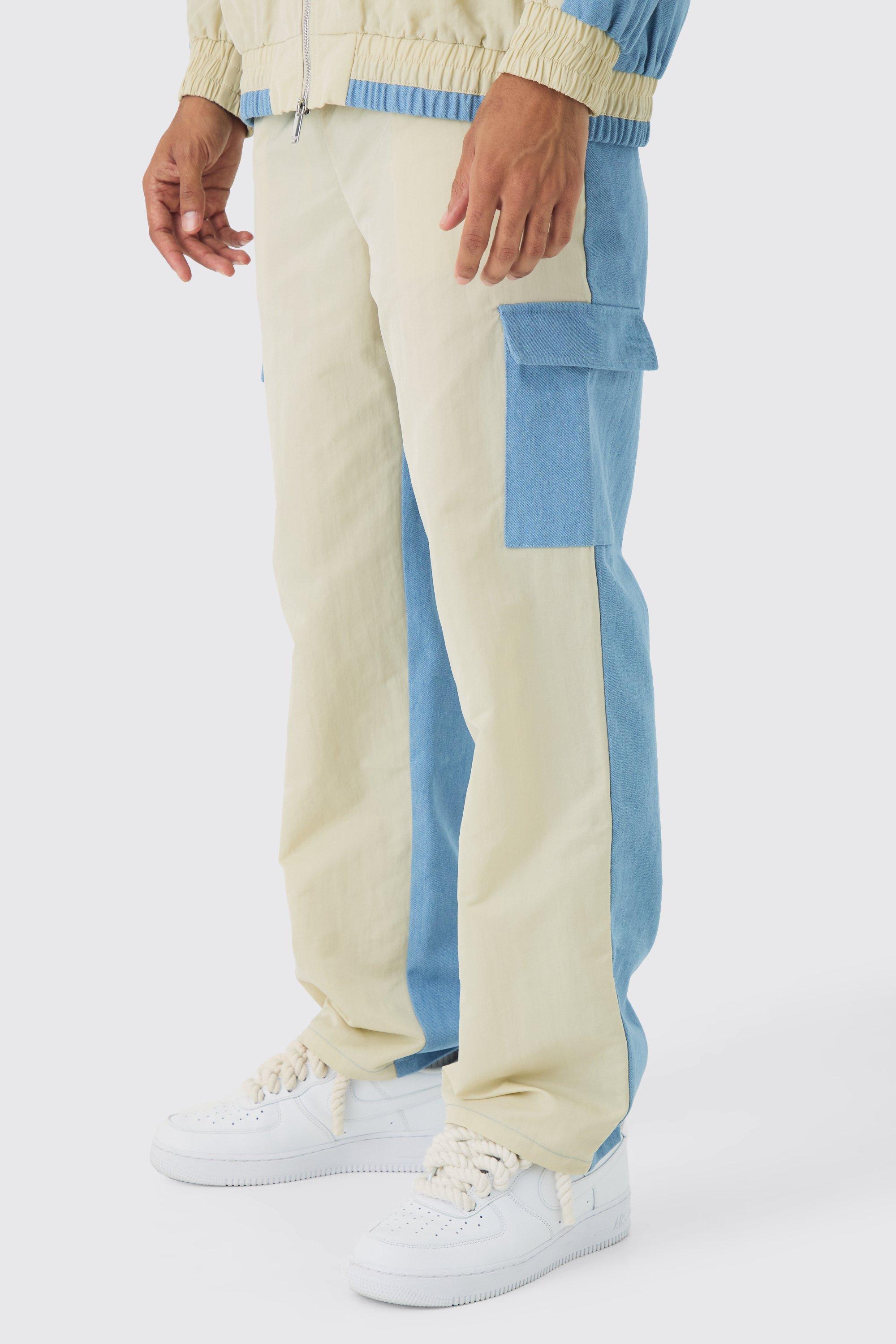 Boohoo Gekreukelde Baggy Nylon En Denim Cargo Joggingbroek, Light Blue