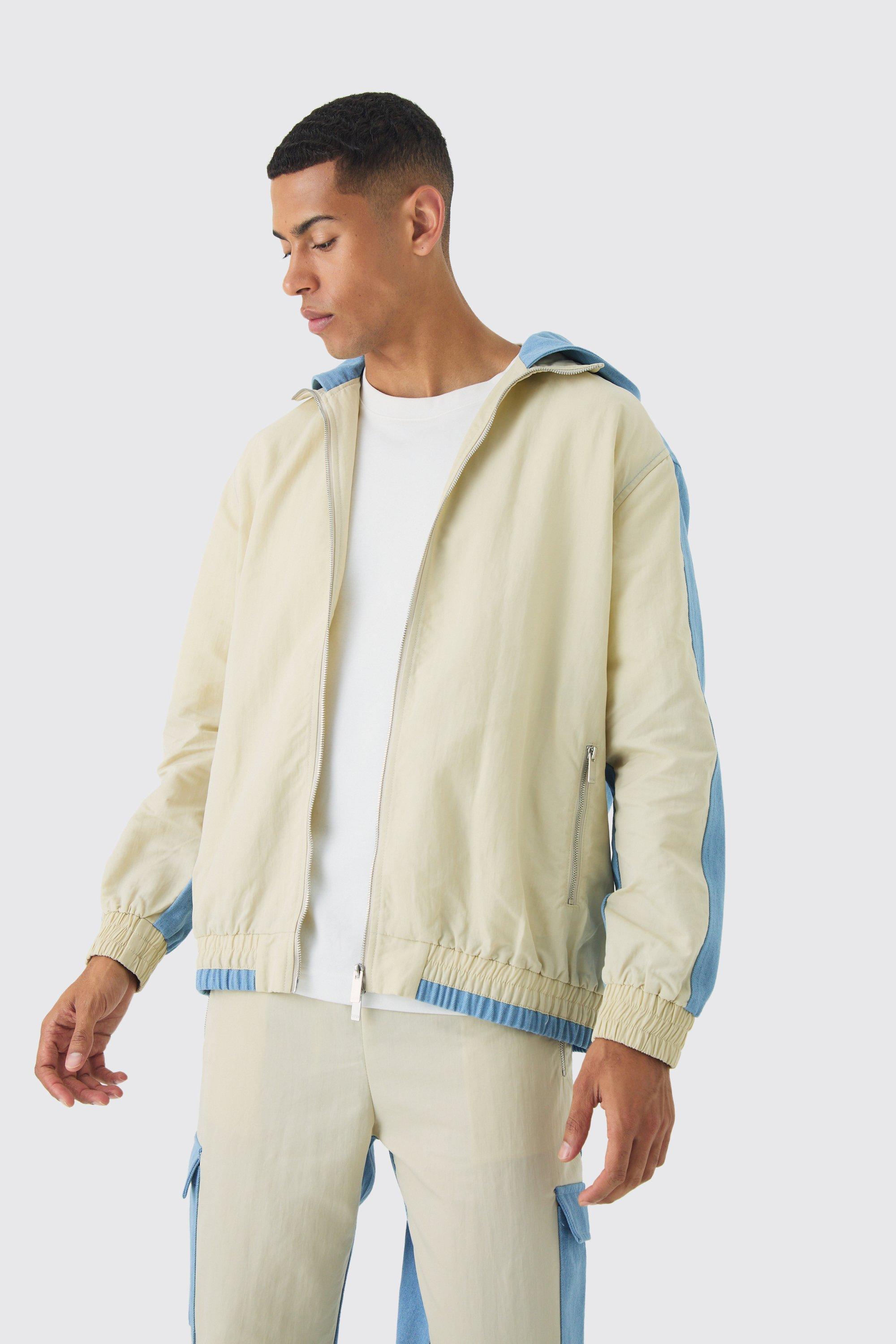 Mens Blue Crinkle Nylon And Denim Hooded Jacket, Blue