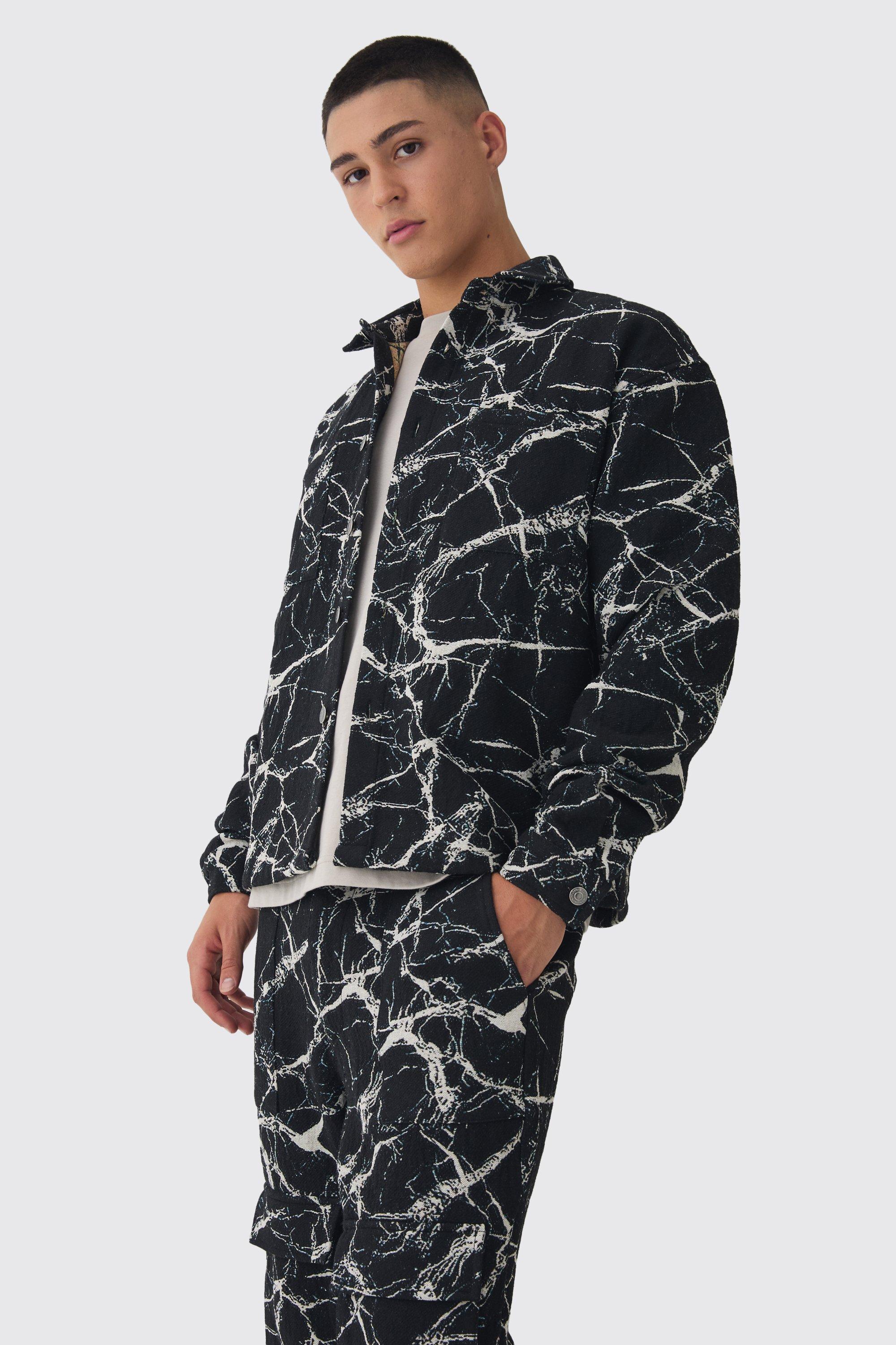 Mens Black Oversized Tapestry Barbed Wire Overshirt, Black