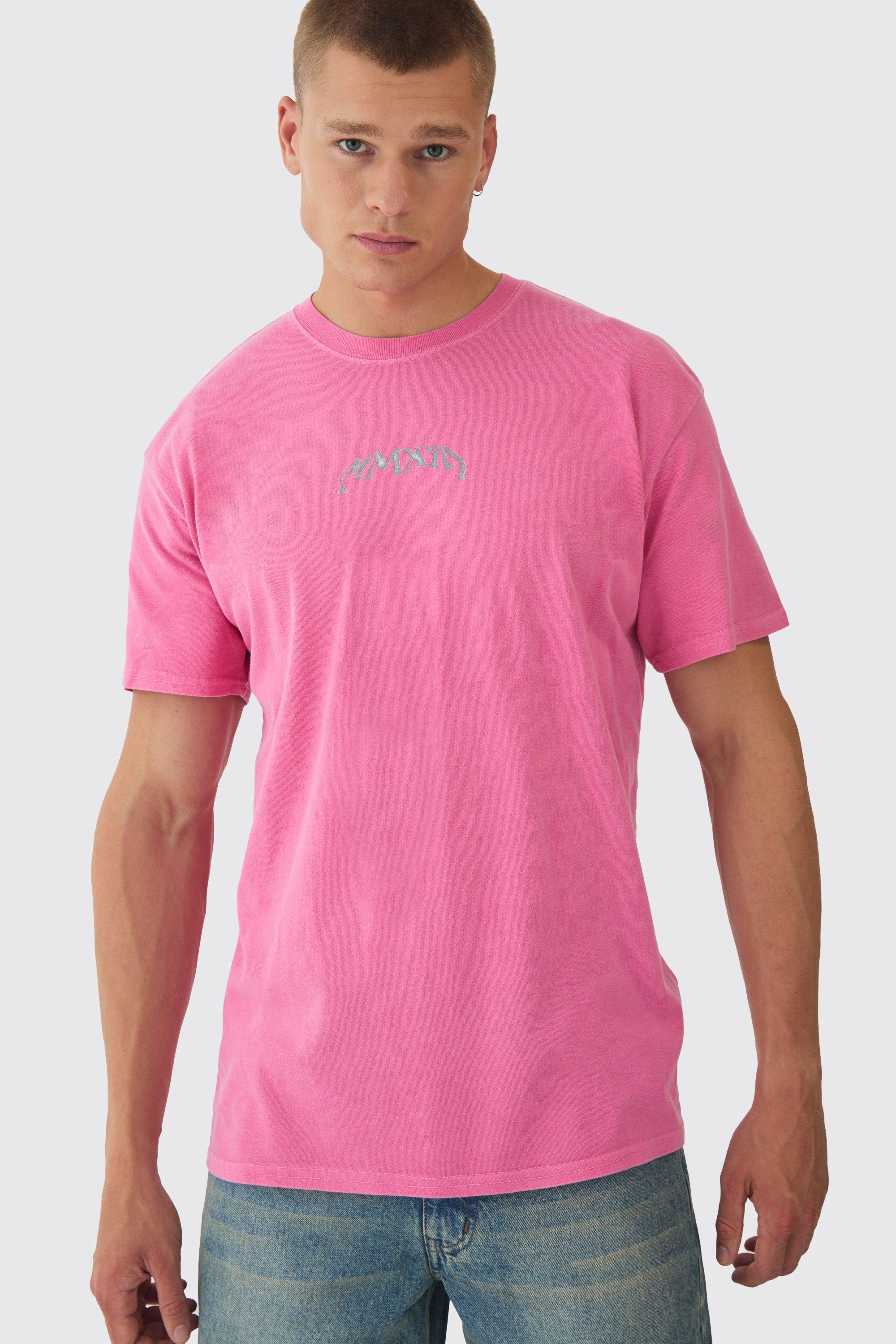 Mens Pink Oversized Washed Branded T-Shirt, Pink