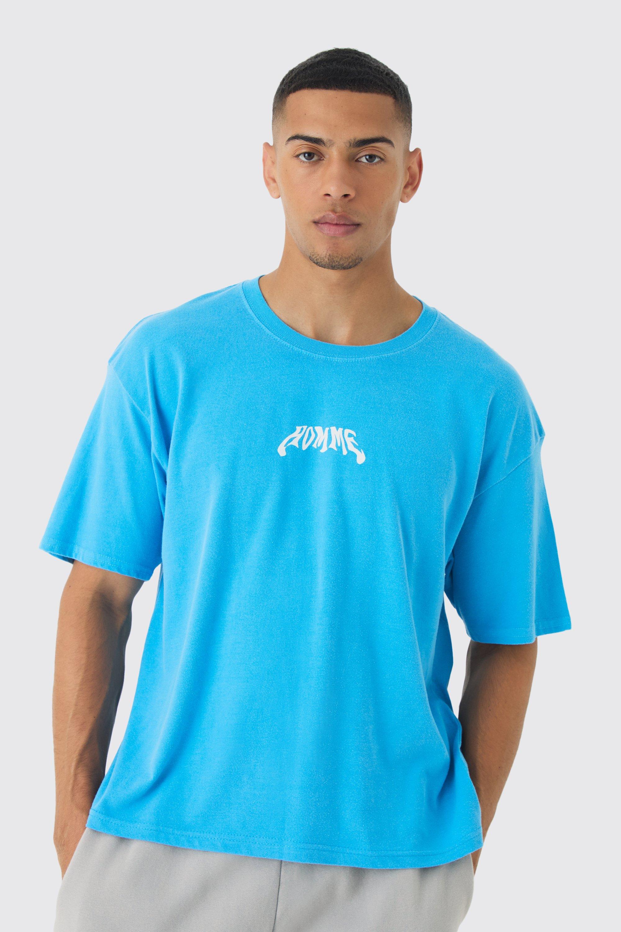 T-shirt squadrata oversize slavata con stampa Homme, Azzurro