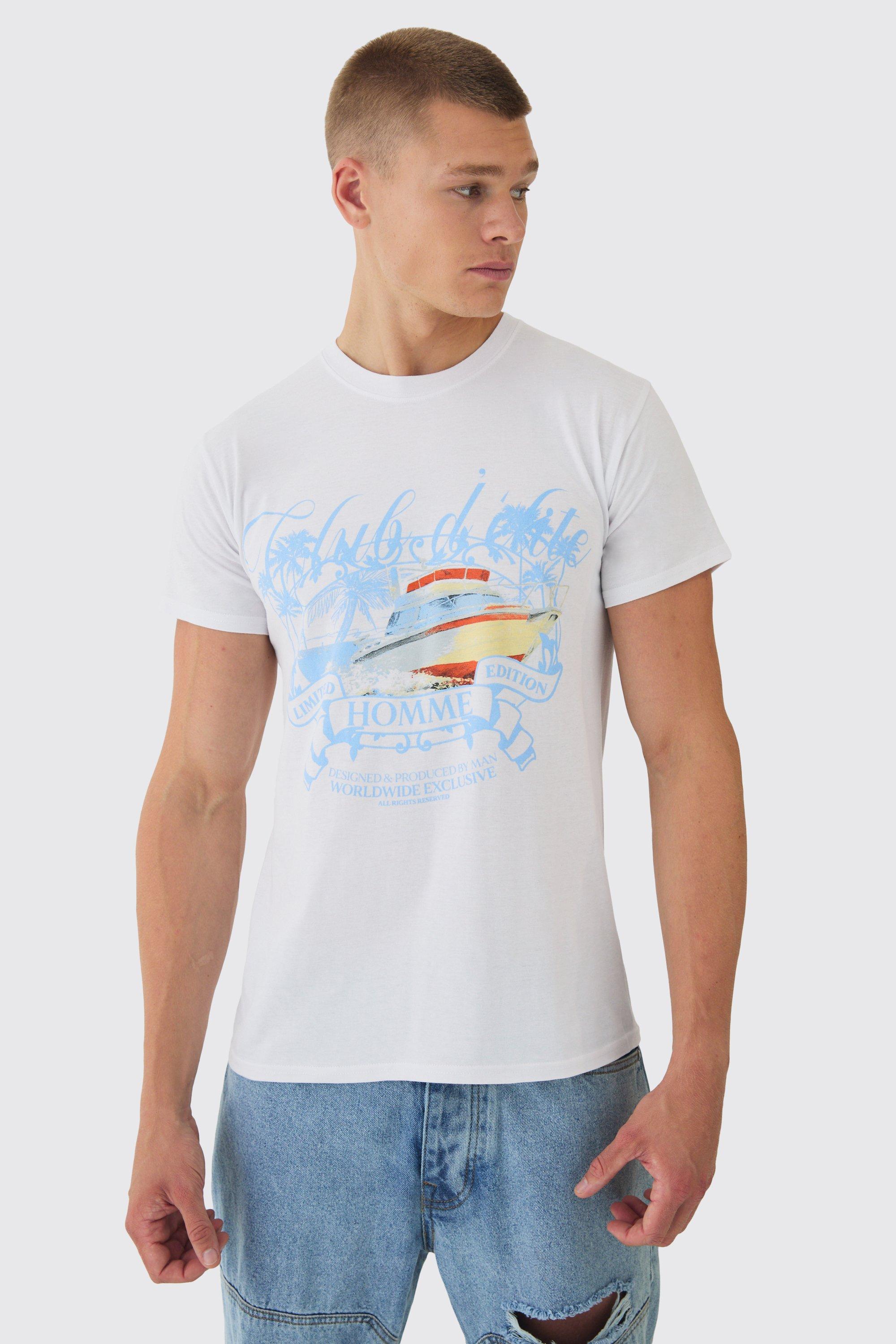 Mens White Slim Club D'Elite Print T-Shirt, White