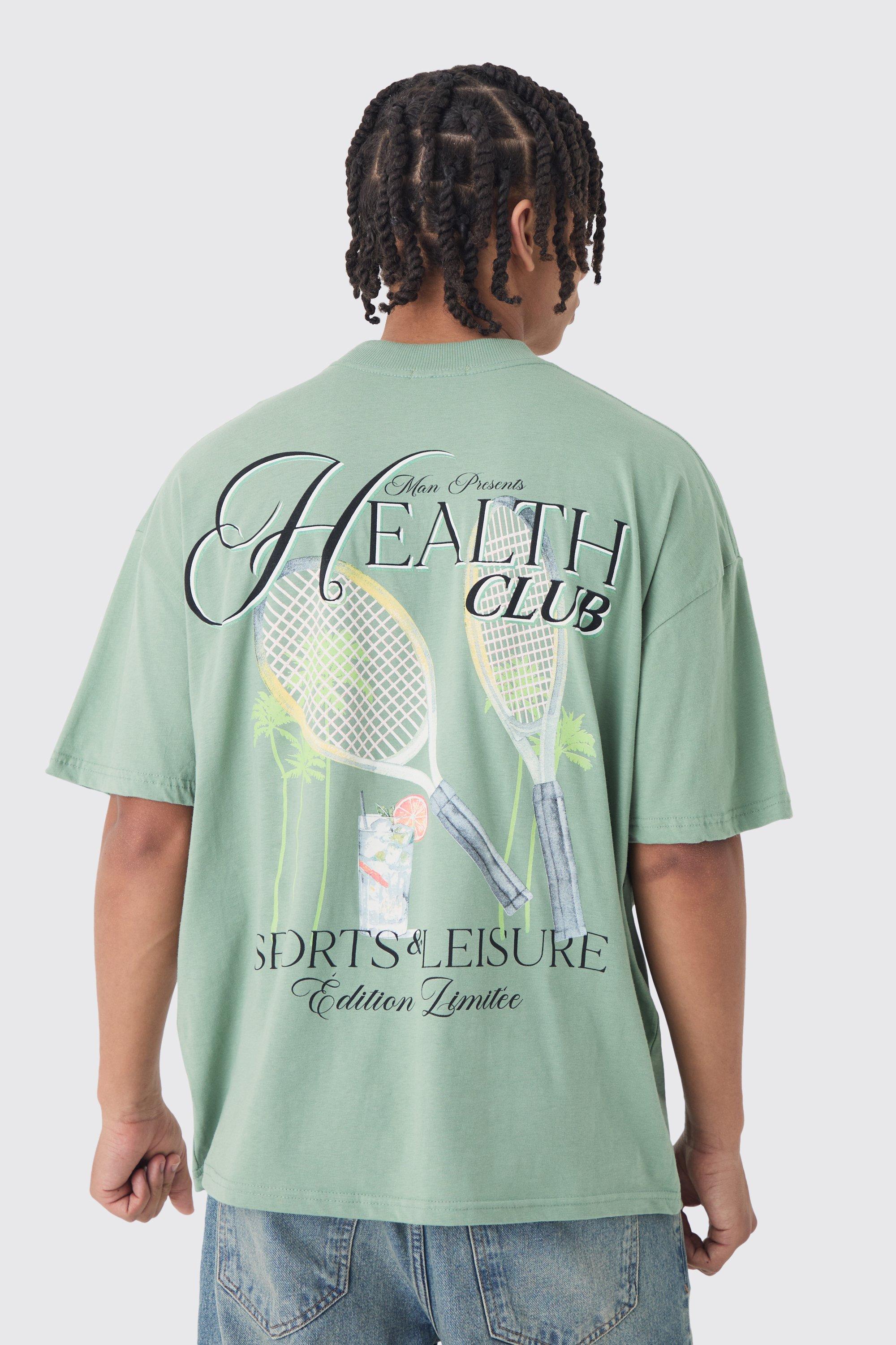 Mens Green Oversized Health Club Wash Back Print T-Shirt, Green