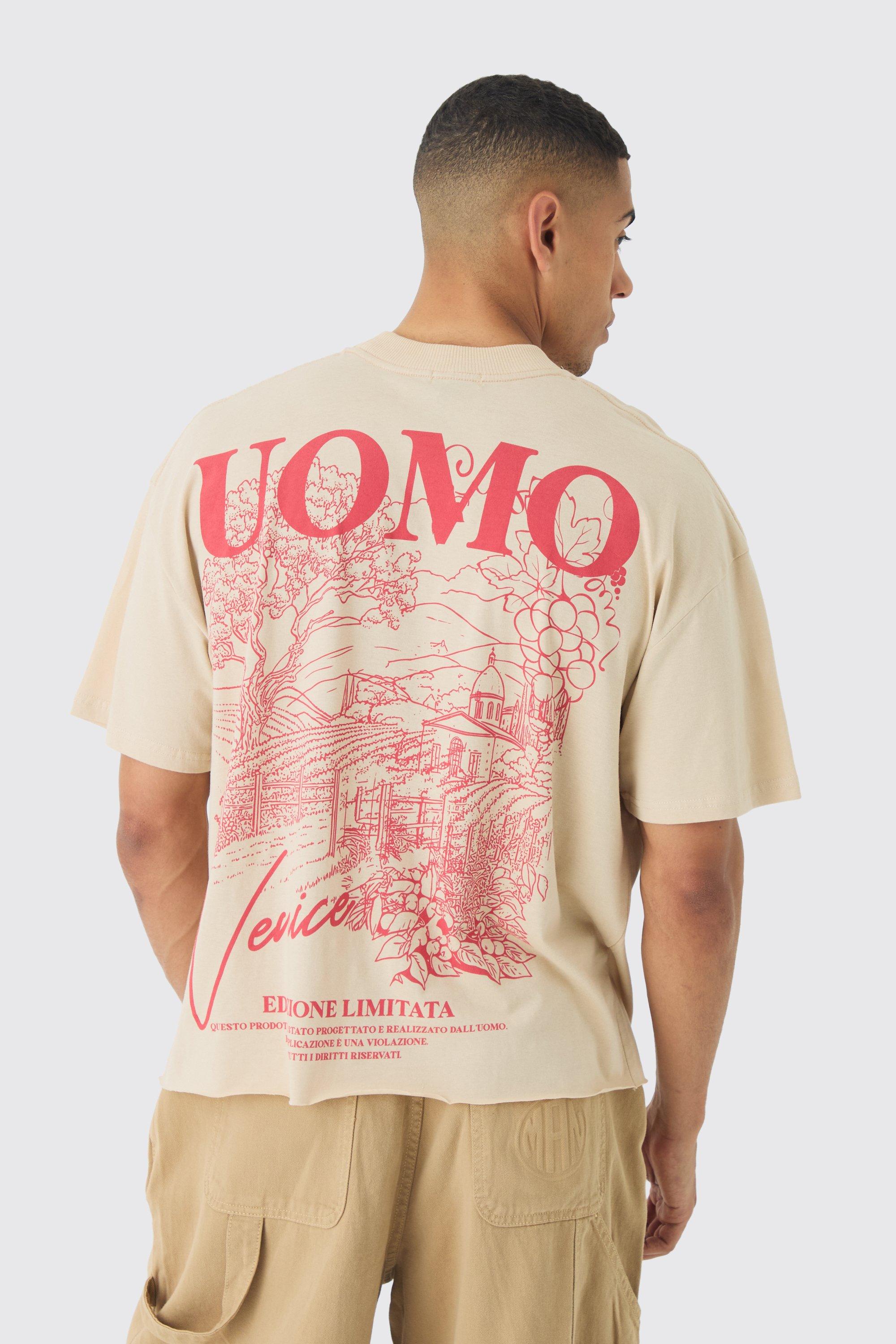 Mens Beige Oversized Extended Neck Uomo Landscape Back Print Raw Hem T-Shirt, Beige