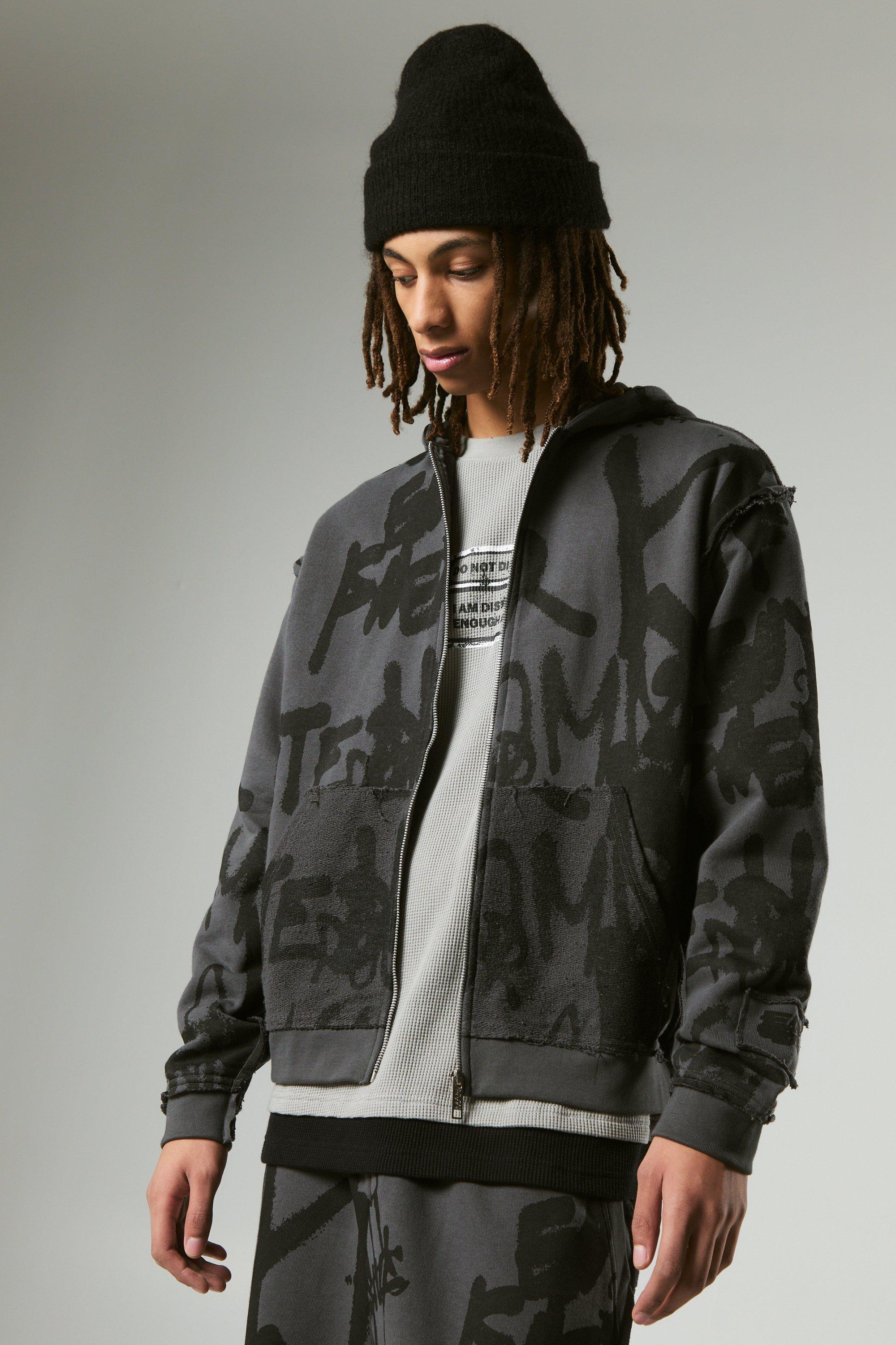 Felpa squadrata oversize con stampa stile Graffiti, zip e cappuccio con rovescio a ricci, Grigio