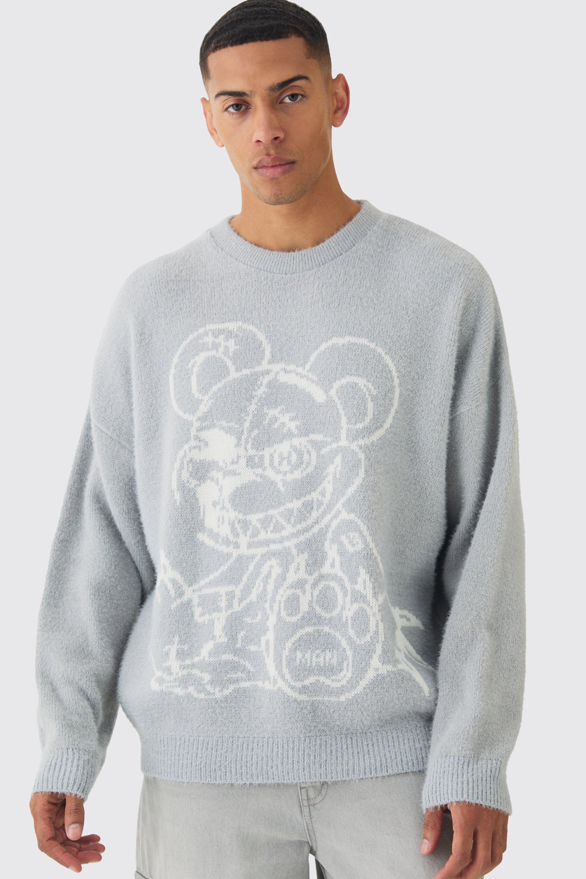 Mens Oversized Fluffy Teddy Jumper in Grey, Grey