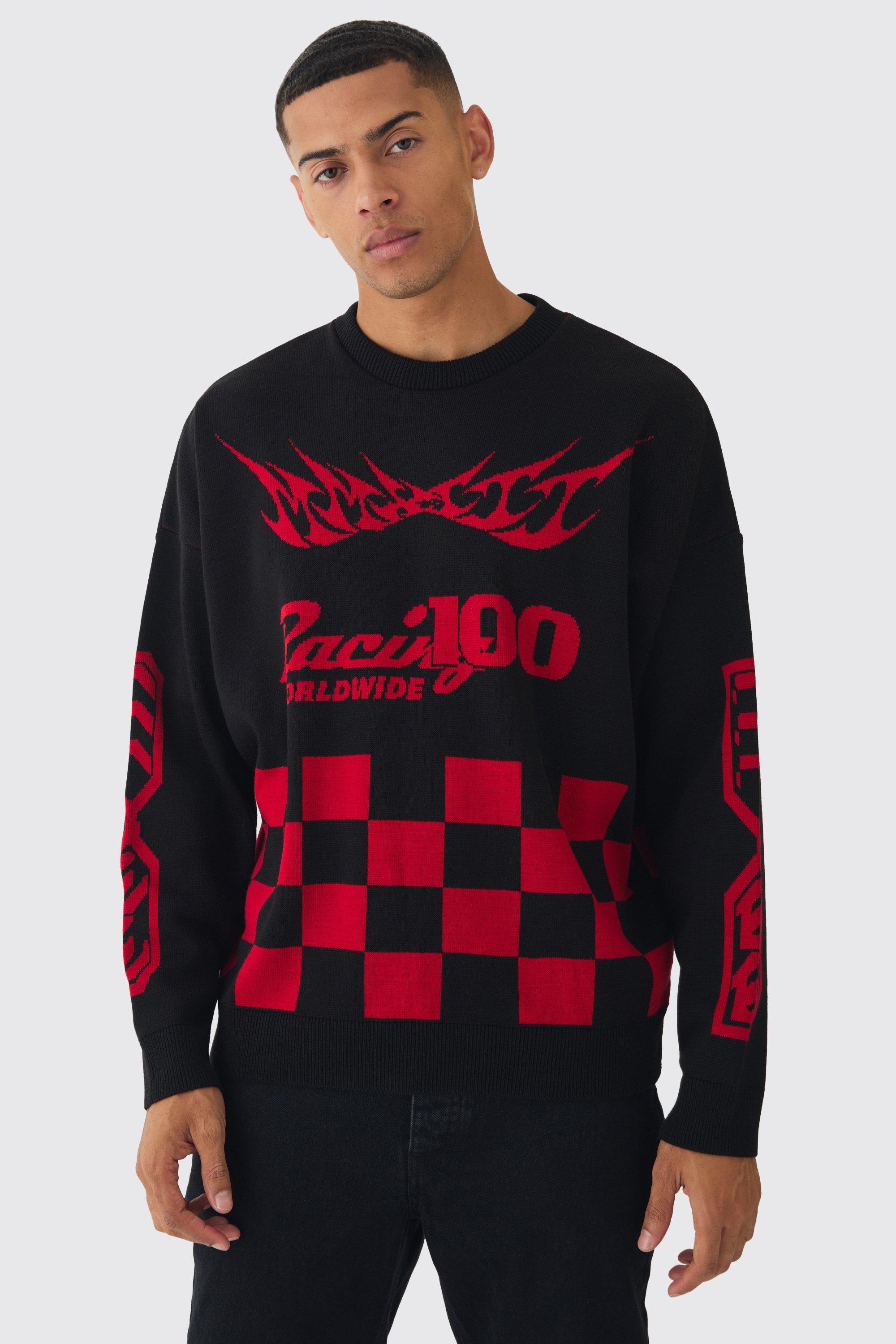 Maglione oversize nero con grafica di moto, Nero