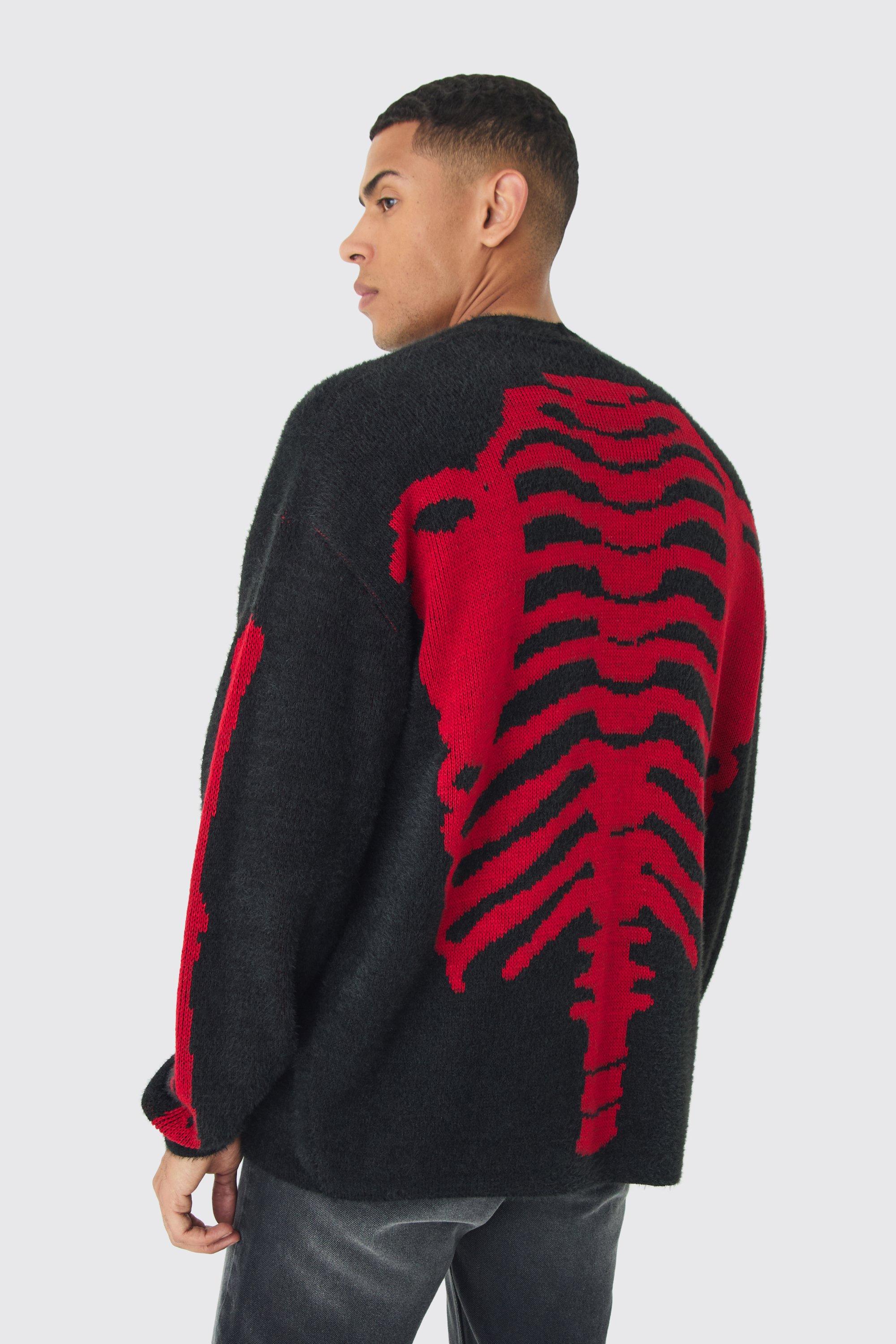 Mens Oversized Ribcage Intarsia Fluffy Knit Cardigan in Black, Black