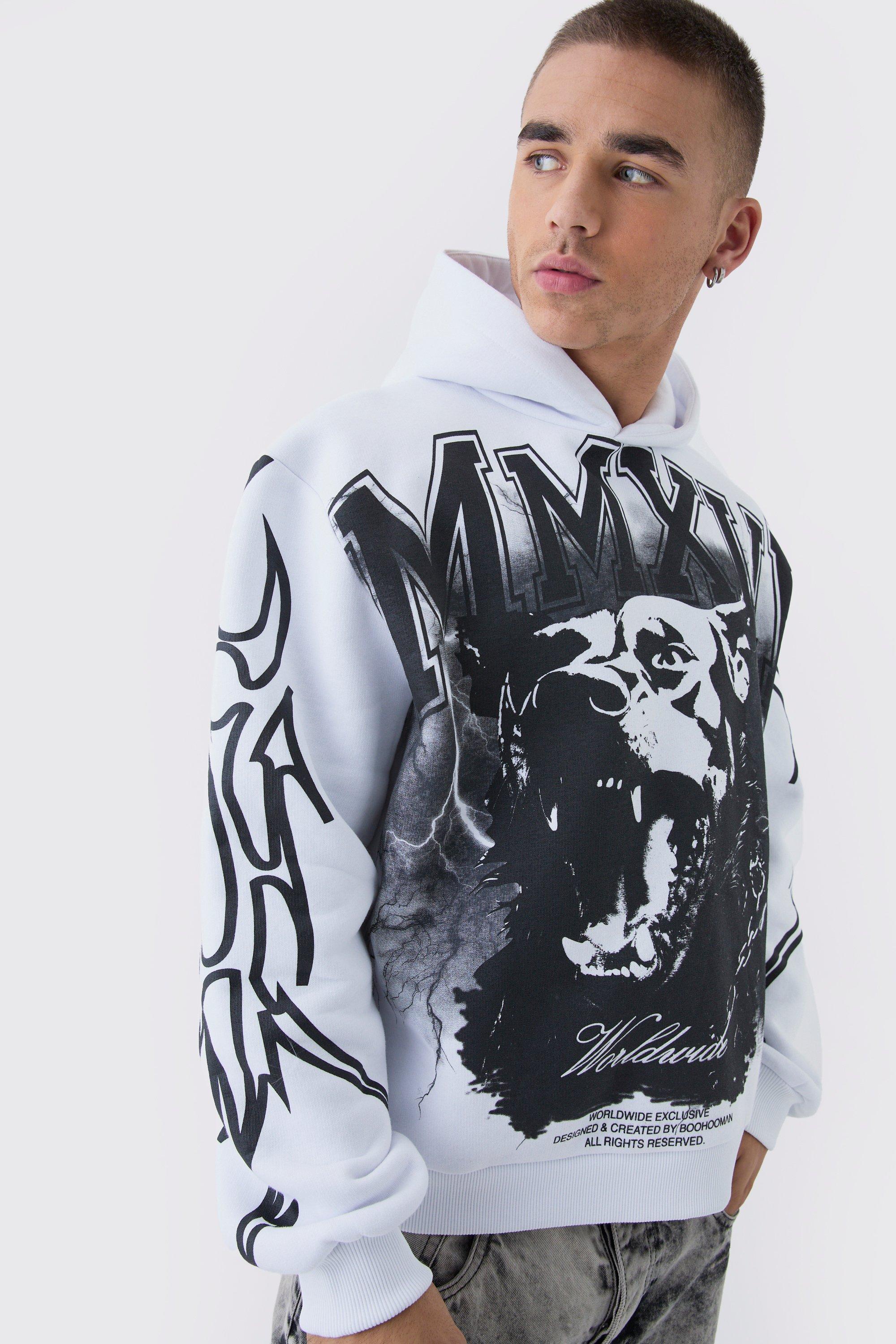 Mens White Oversized Over Seams Rottweiler Lightning Graphic Hoodie, White