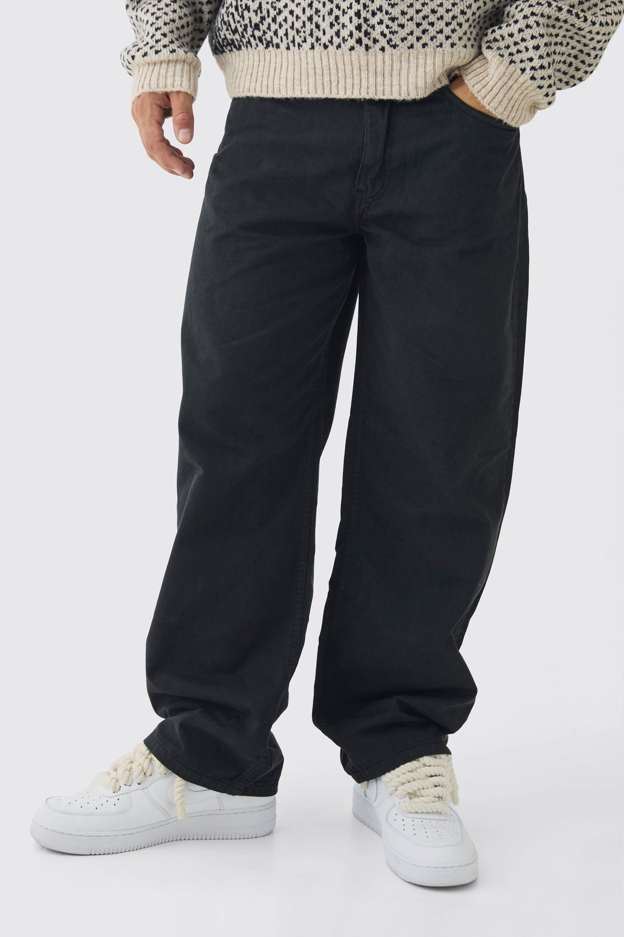 Mens Black Fixed Waist Baggy Washed Trouser, Black