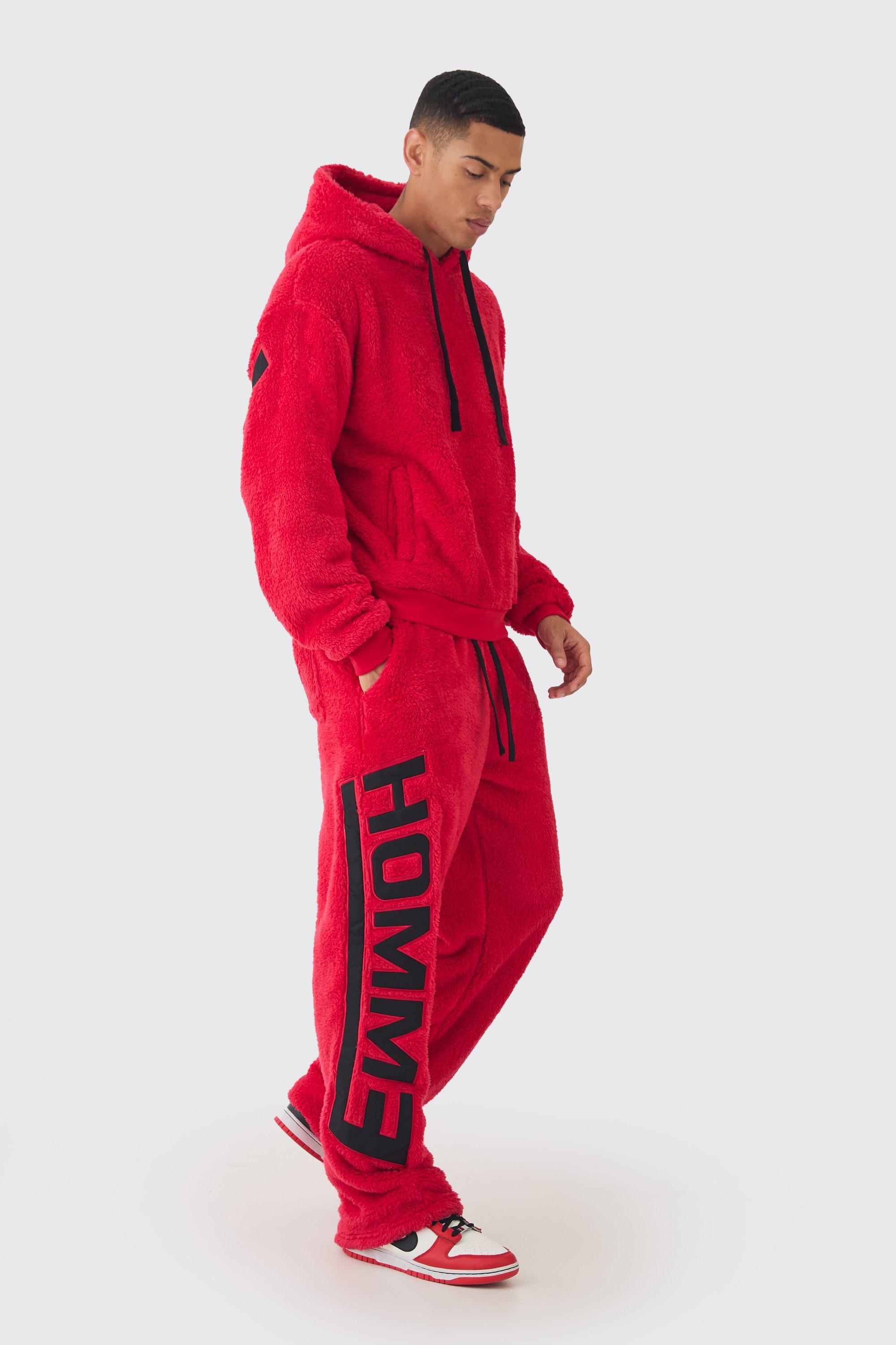 Mens Oversized Boxy Official Embroidered Teddy Borg Hooded Tracksuit, Red