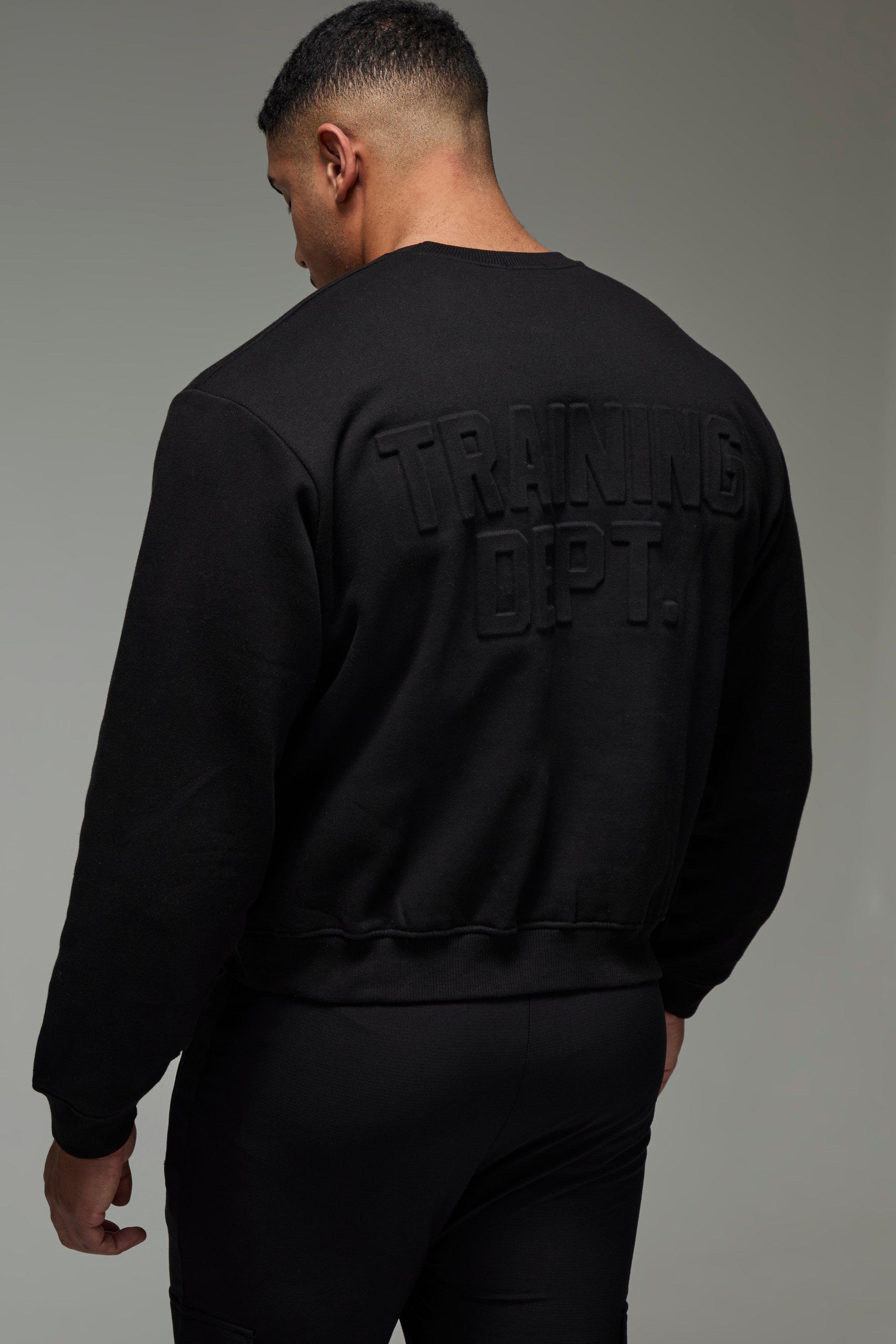 Mens Black Man Active Training Dept Boxy Embossed Sweatshirt, Black