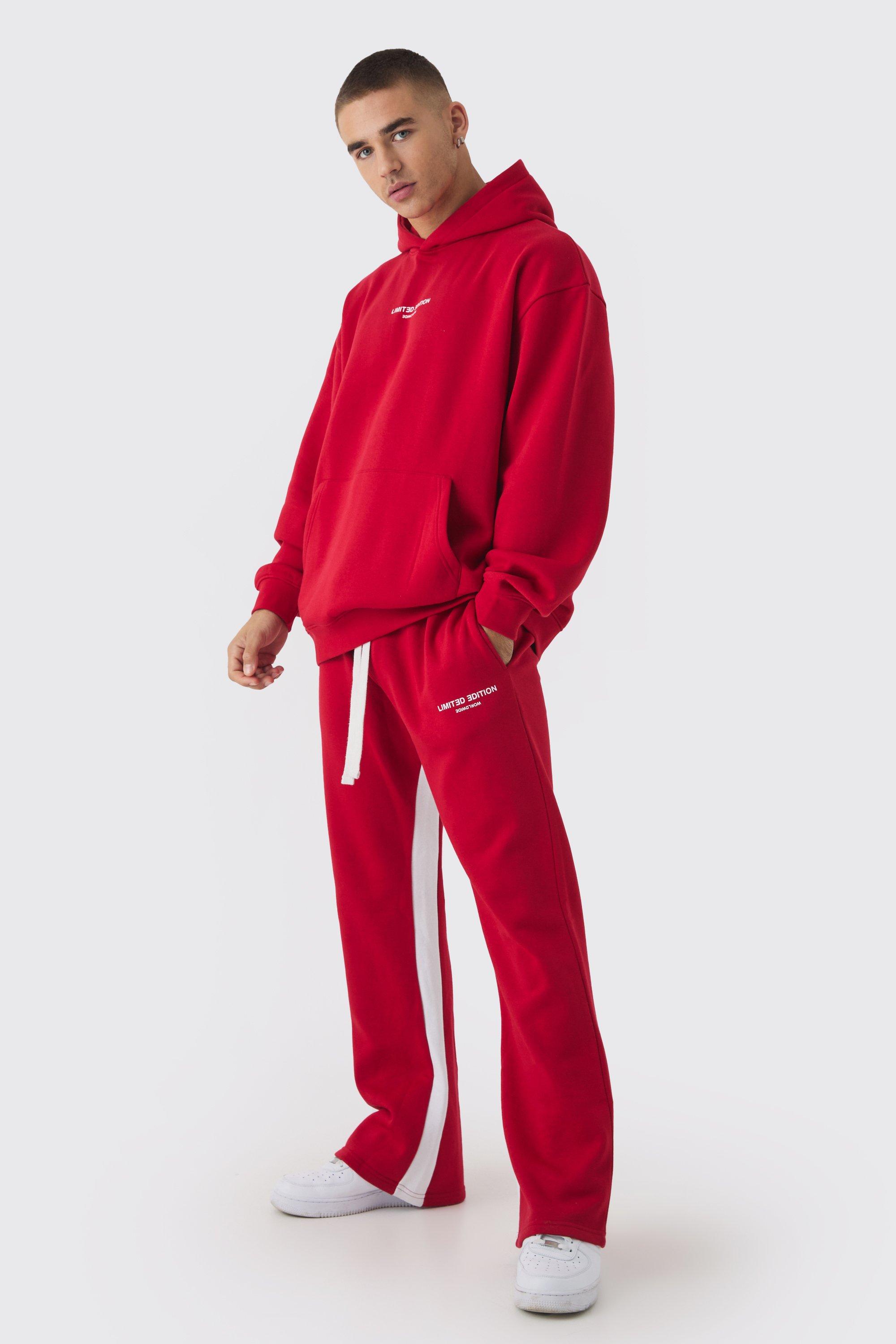 Mens Red Oversized Limited Edition Extended Drawcords Hooded Tracksuit, Red