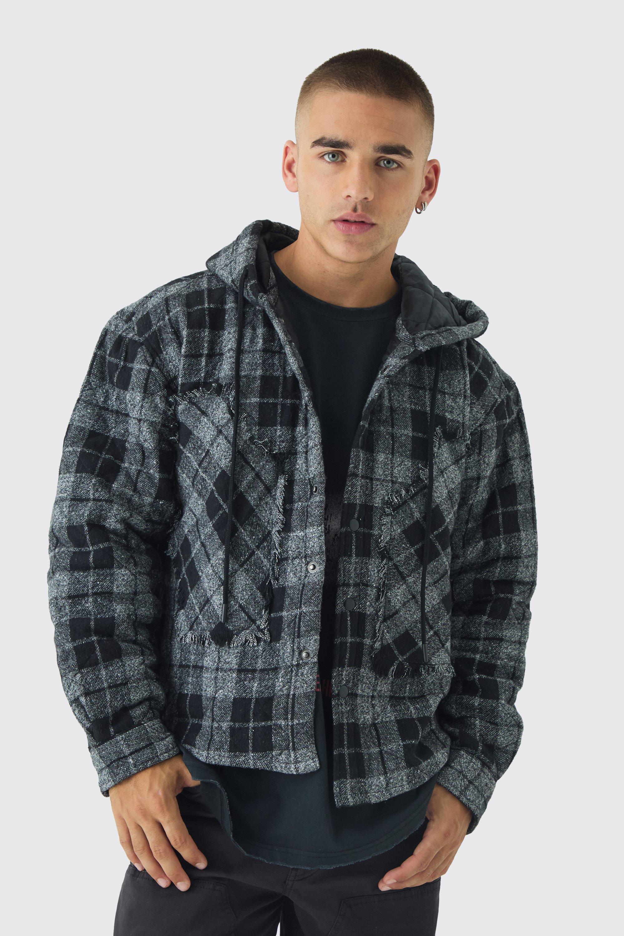 Mens Black Oversized Hooded Check Patchwork Padded Shirt, Black