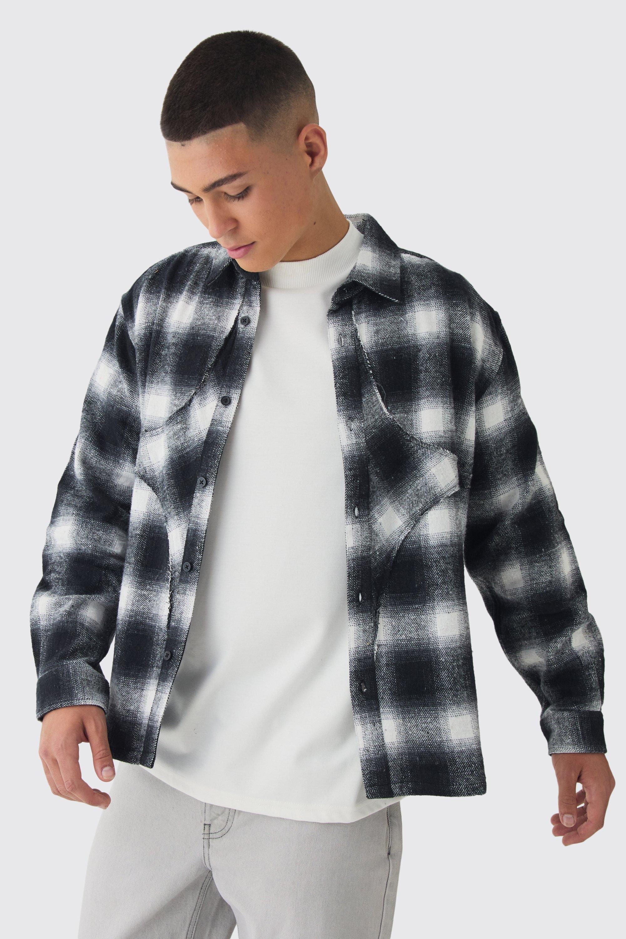 Mens Black Oversized Star Applique Check Shirt, Black