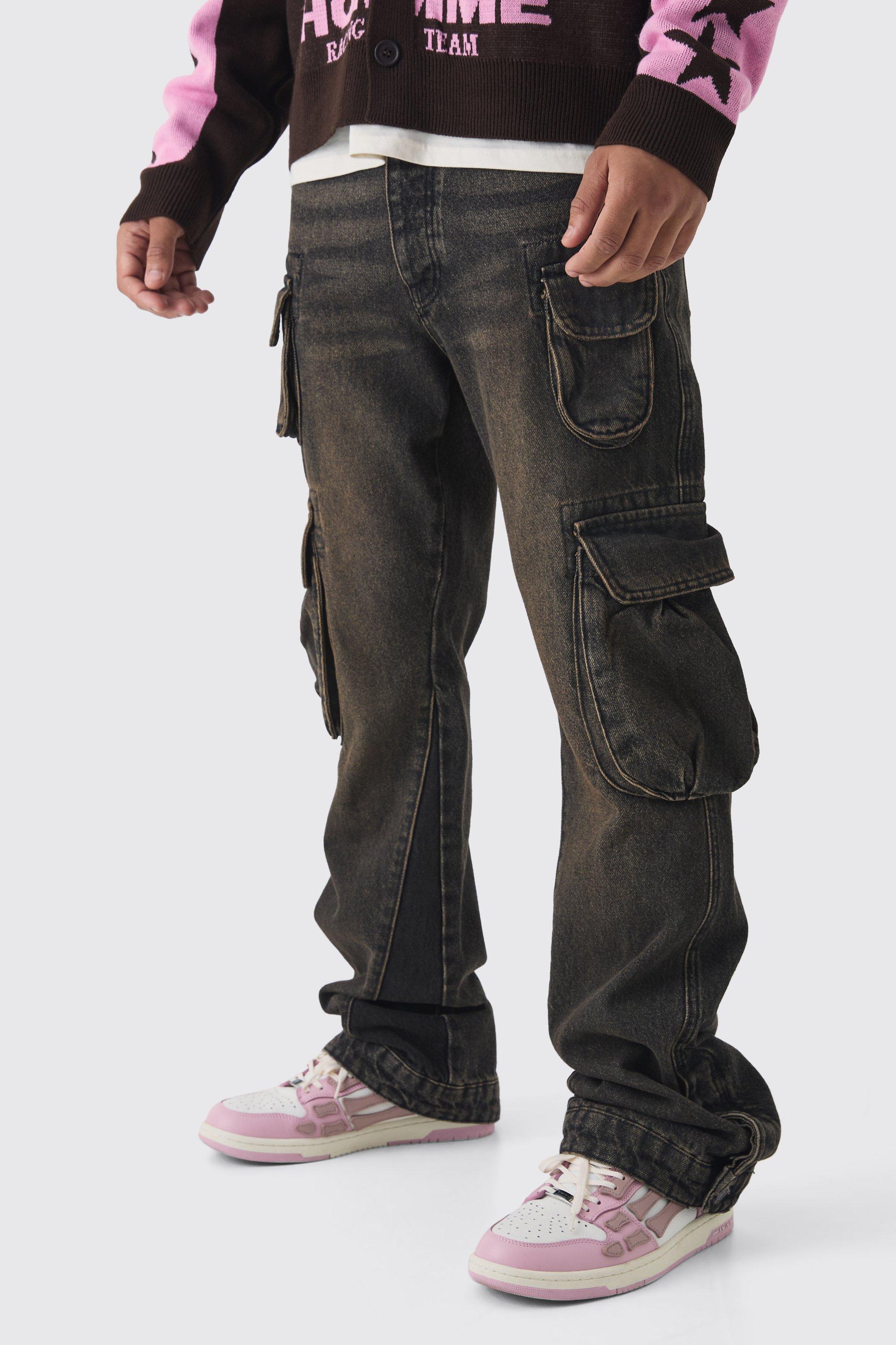 Mens Brown Slim Flared Cargo Gusset Jeans, Brown