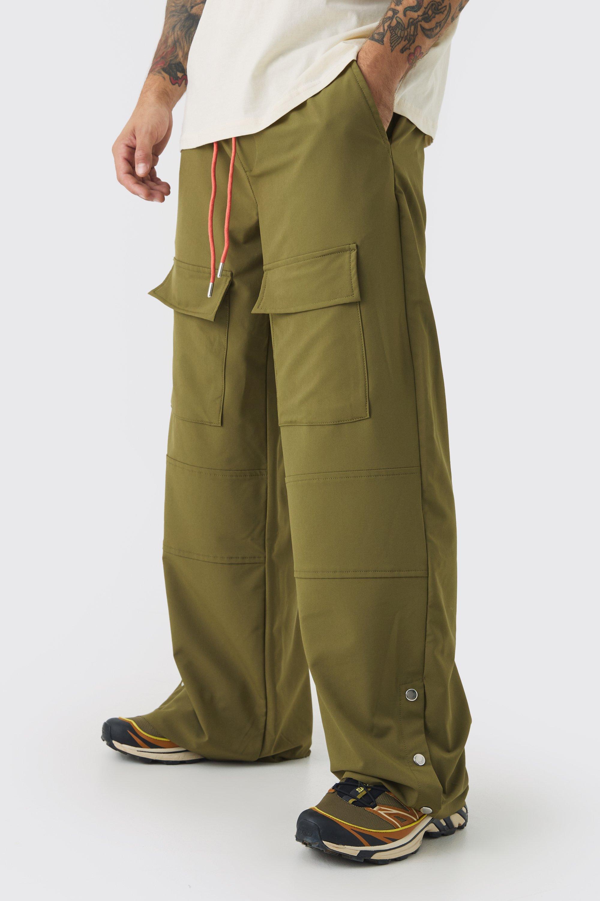 Boohoo Elasticated Wide Leg Nylon Popper Hem Pants, Olive