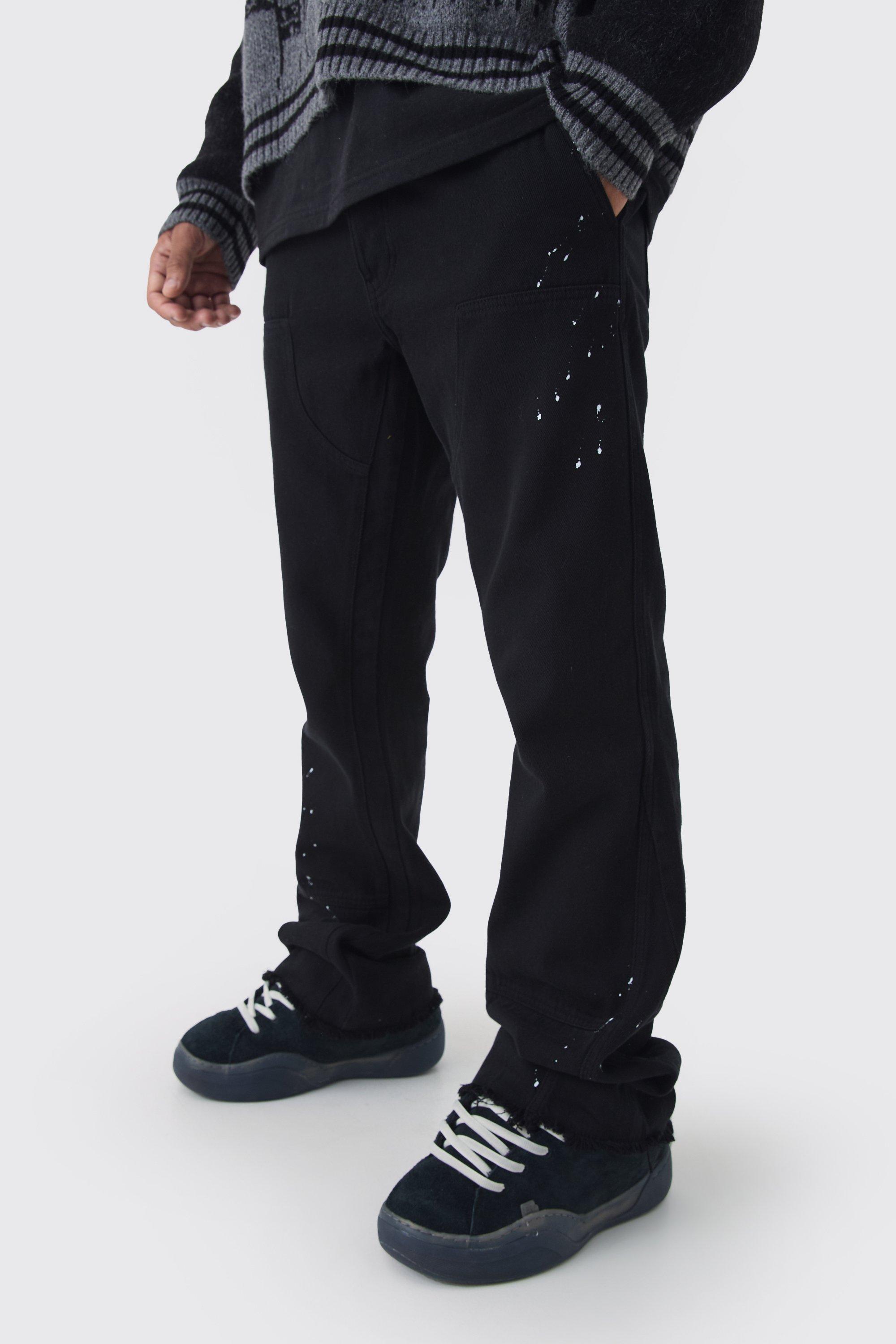 Mens Black Relaxed Flared Carpenter Paint Splatter Trousers, Black