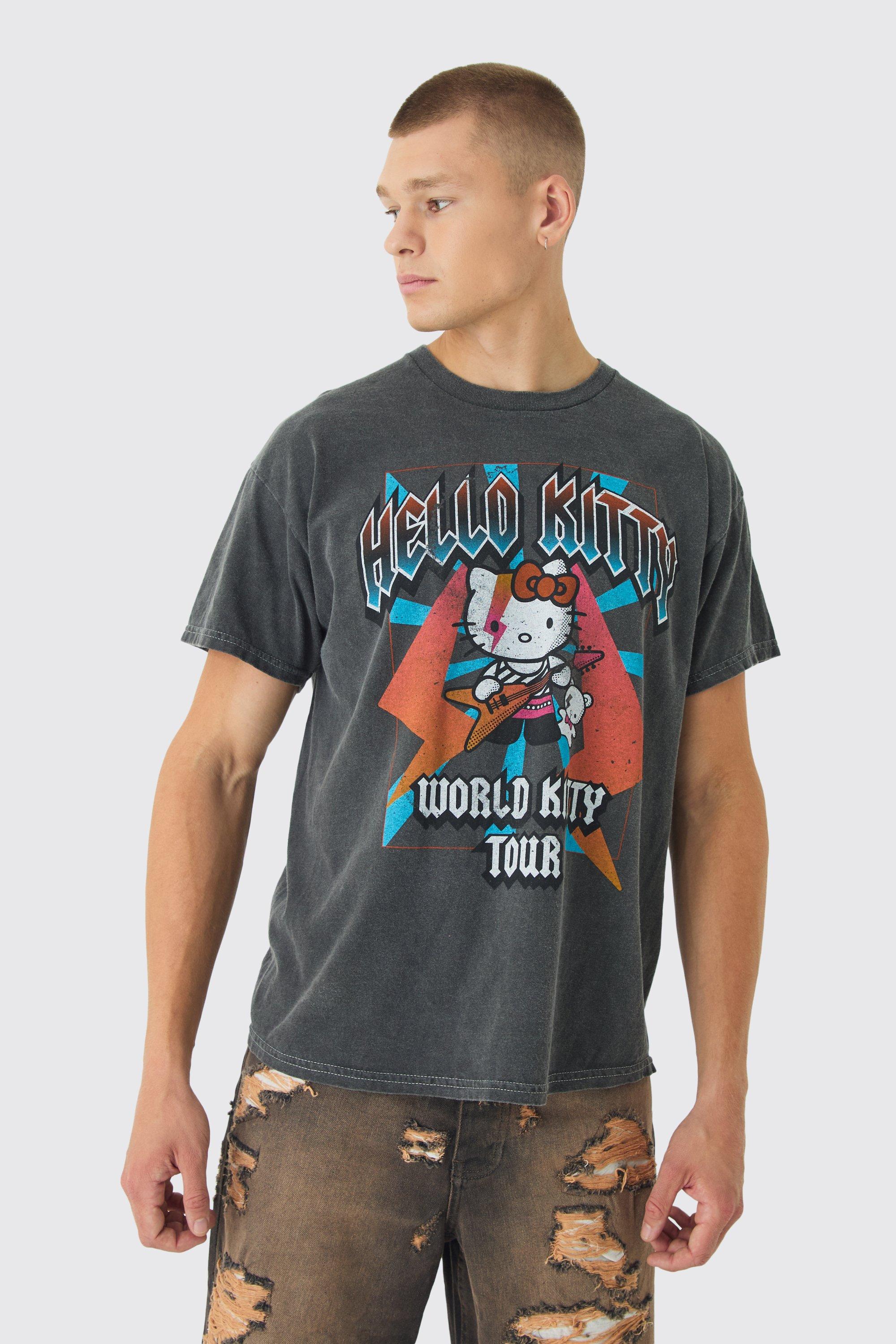 Mens Grey Hello Kitty Tour Wash License T-Shirt, Grey