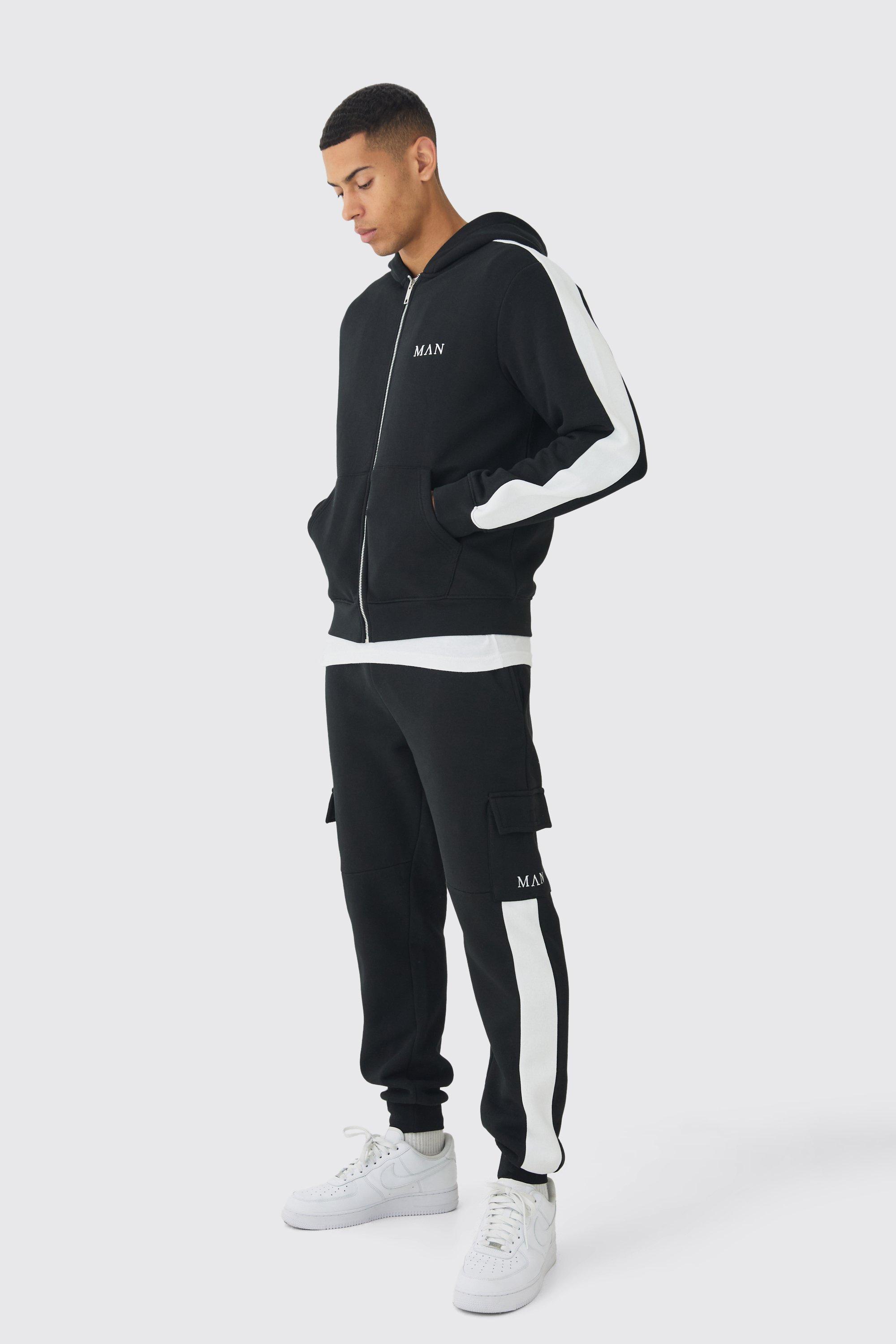 Tuta sportiva Regular Fit a blocchi di colore con tasche Cargo, zip e cappuccio, Nero
