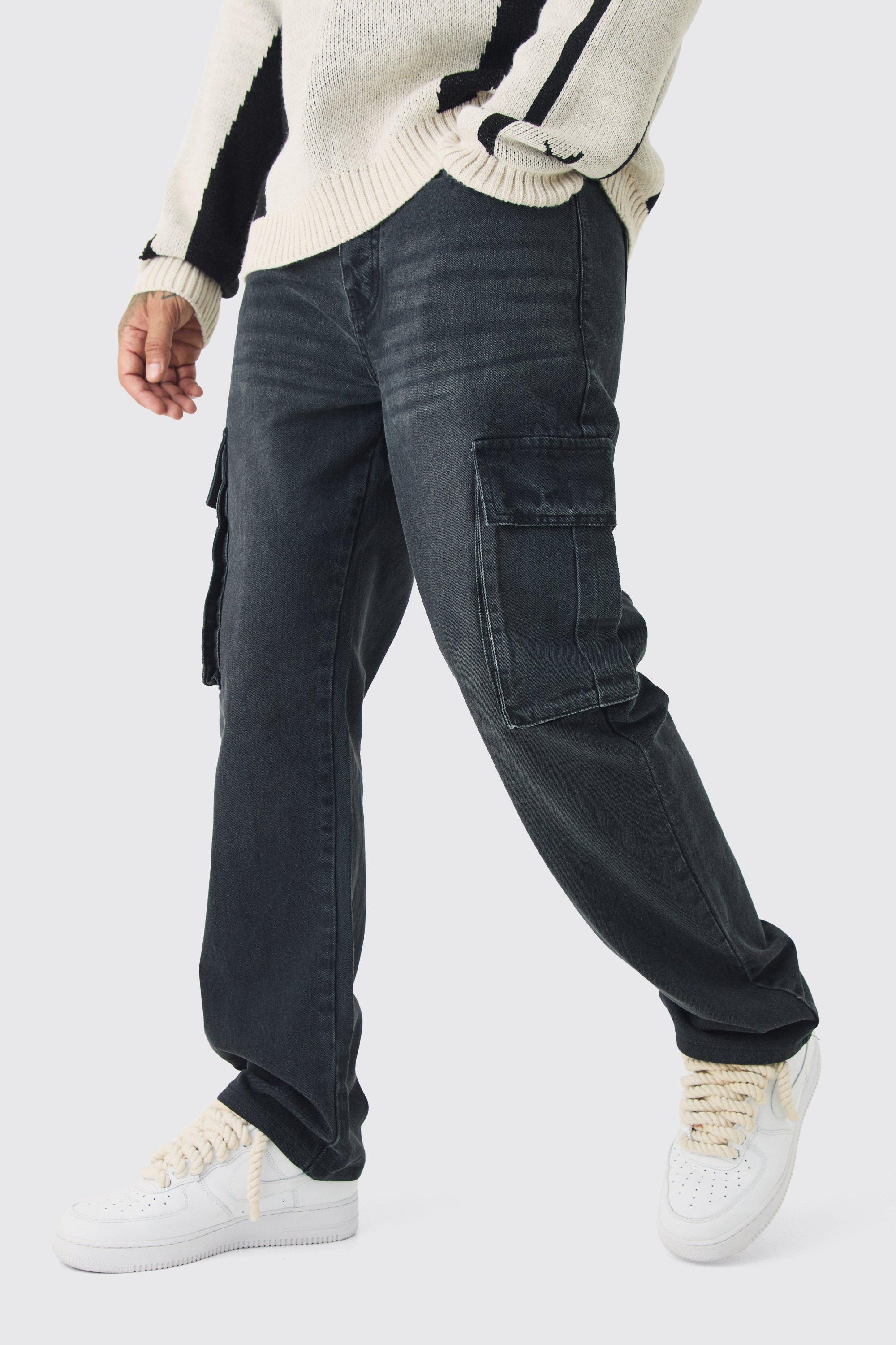Mens Black Tall Straight Rigid Cargo Jeans, Black