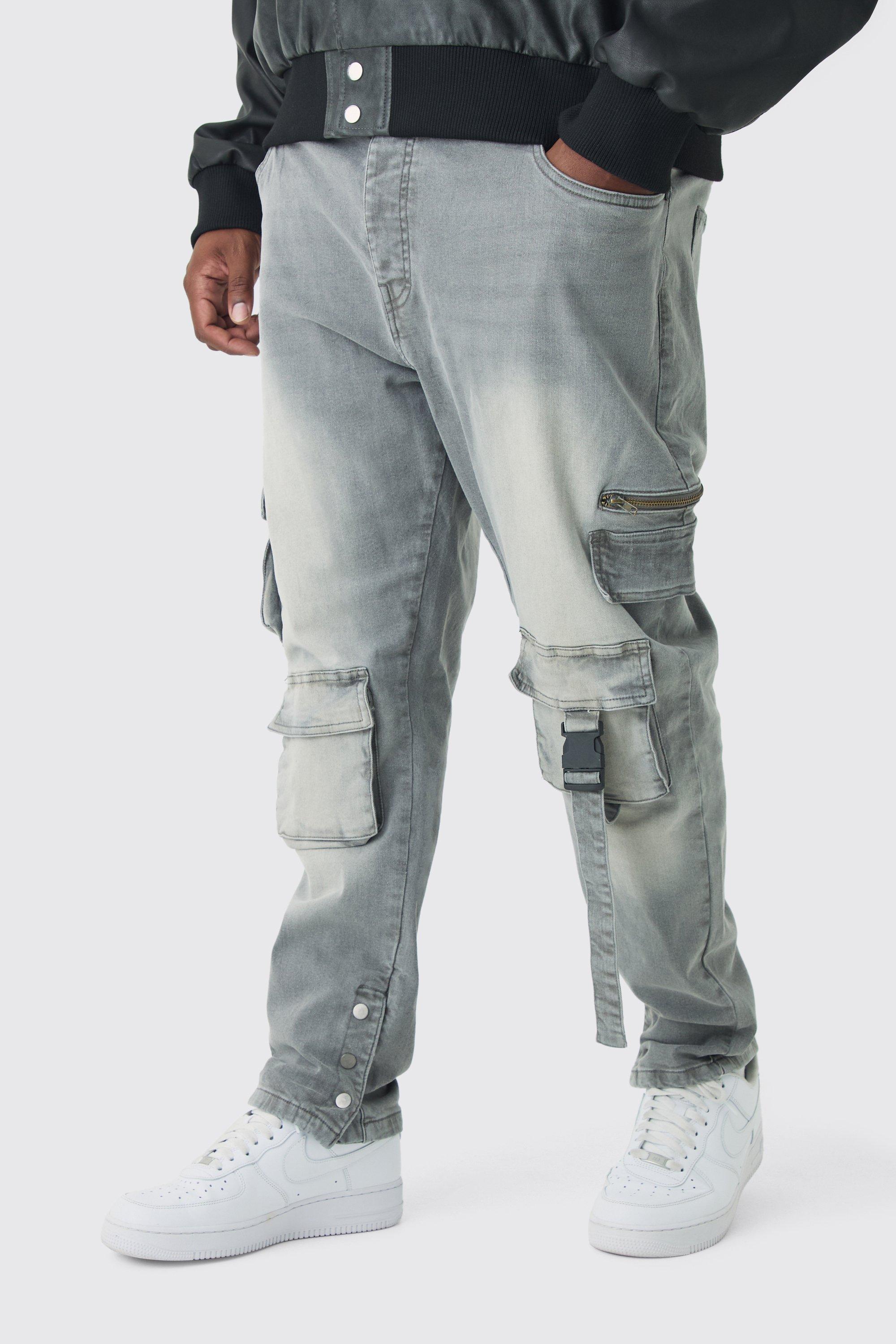 Mens Grey Plus Skinny Stretch Multi Pocket Cargo Jeans, Grey