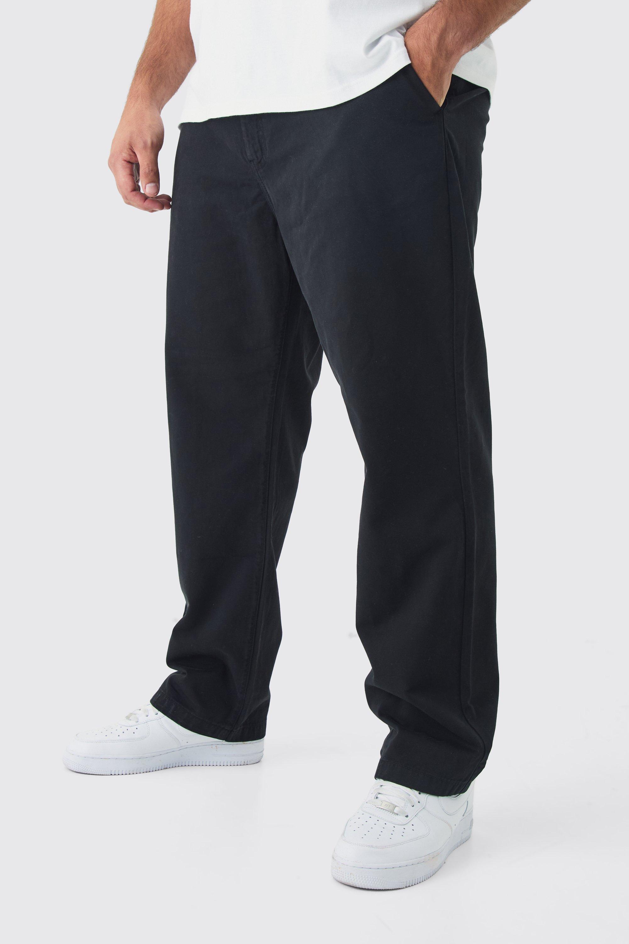 Mens Black Plus Fixed Waist Straight Fit Chino Trousers, Black