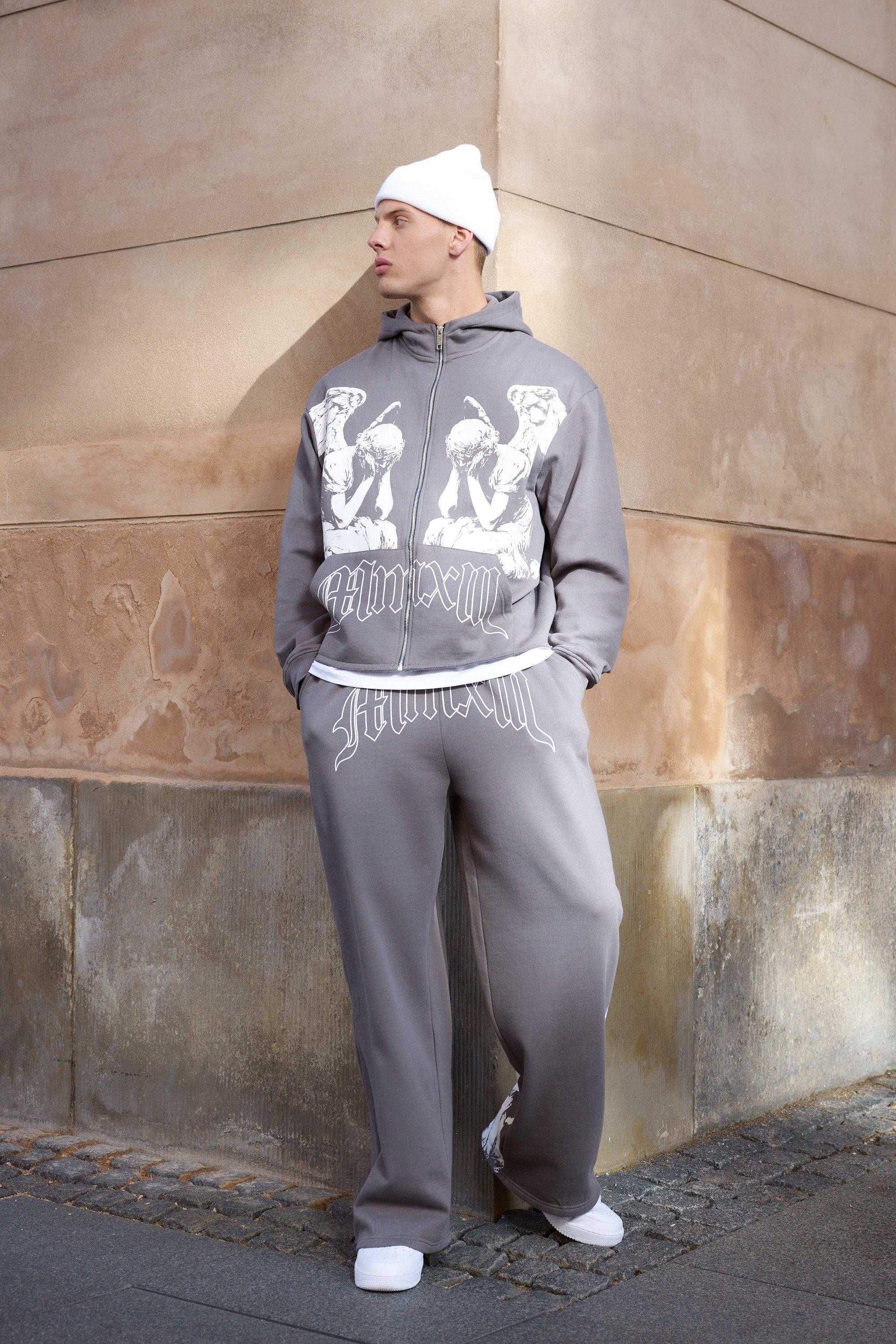 Mens Grey Oversized Boxy Zip Through Renaissance Graphic Hooded Tracksuit, Grey