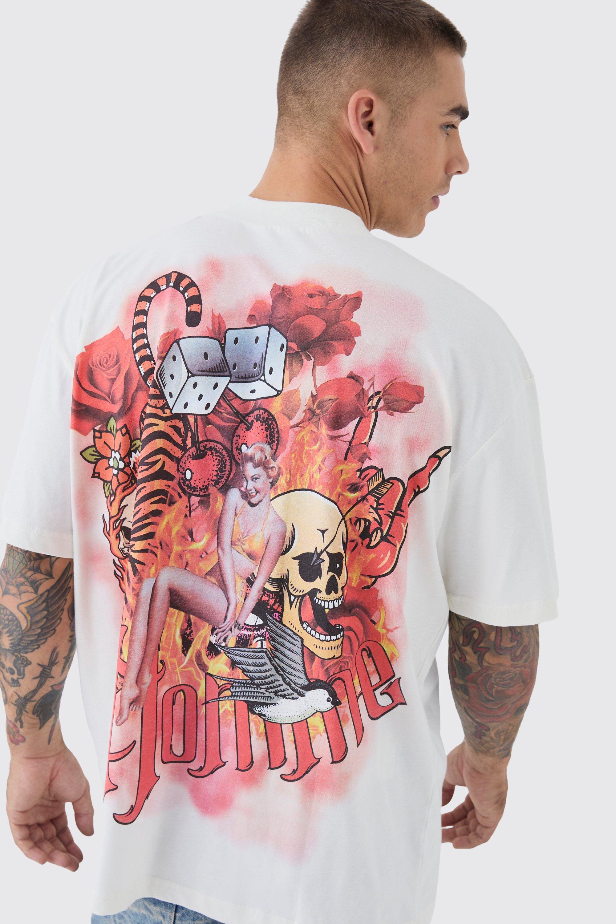 Mens Cream Oversized Large Scale Homme Tattoo Back Graphic T-Shirt, Cream