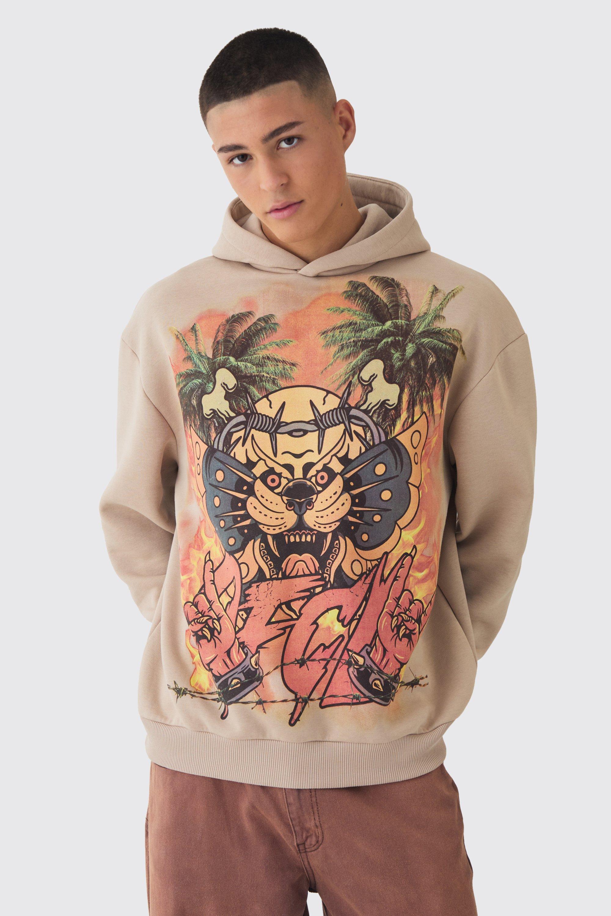 Felpa oversize con grafica di tatuaggio OFCL e cappuccio, Beige