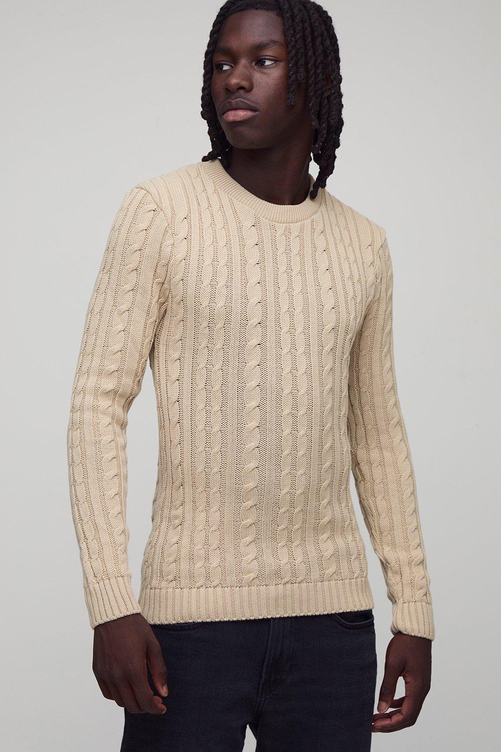 Mens Beige Muscle Fit Cable Knit Jumper, Beige