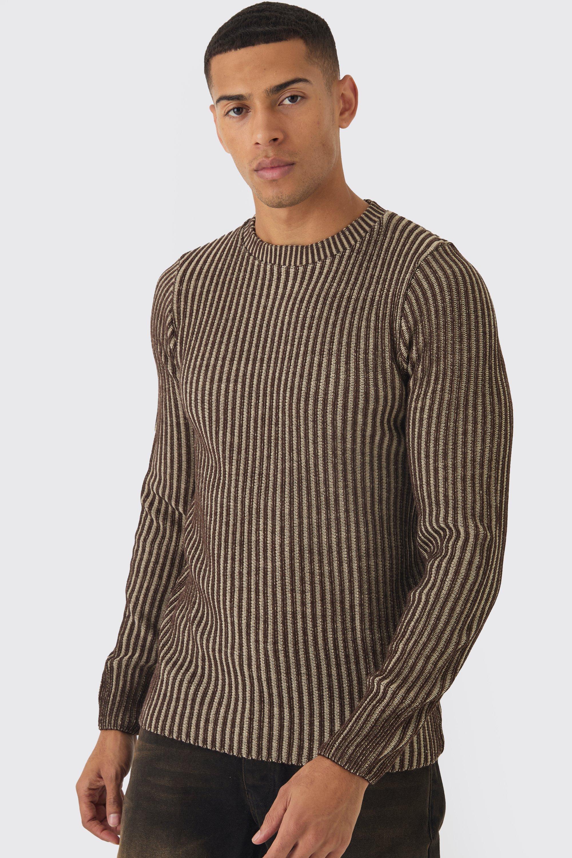 Mens Brown Muscle Fit Ribbed Knit Jumper, Brown