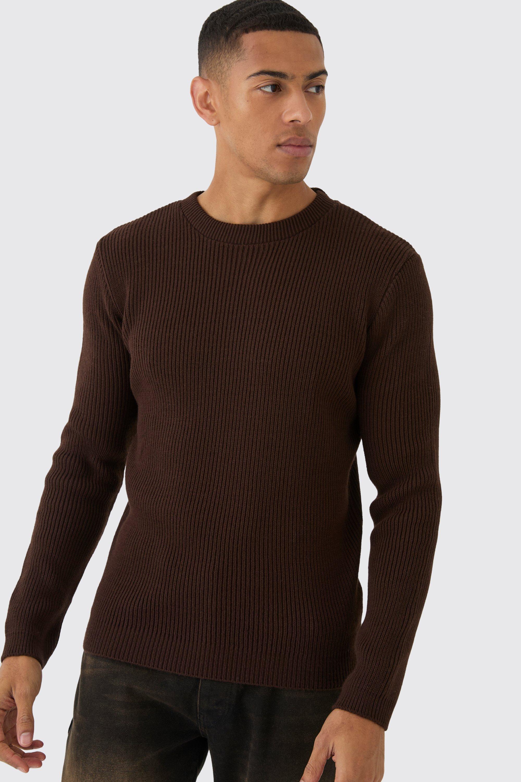 Mens Brown Regular Fit Rib Knit Jumper, Brown