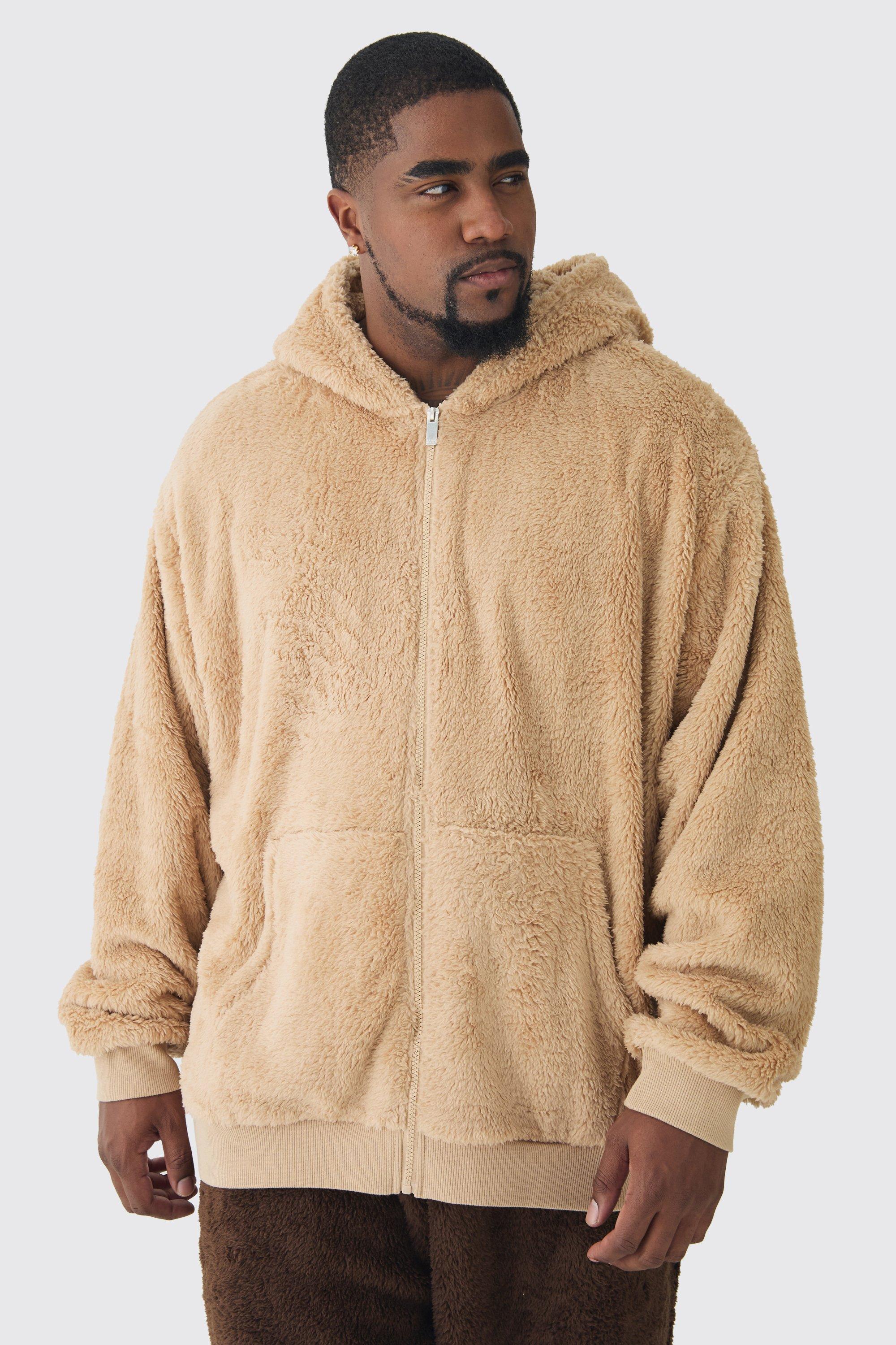 Mens Beige Plus Borg Oversized Zip Thru Hoodie, Beige