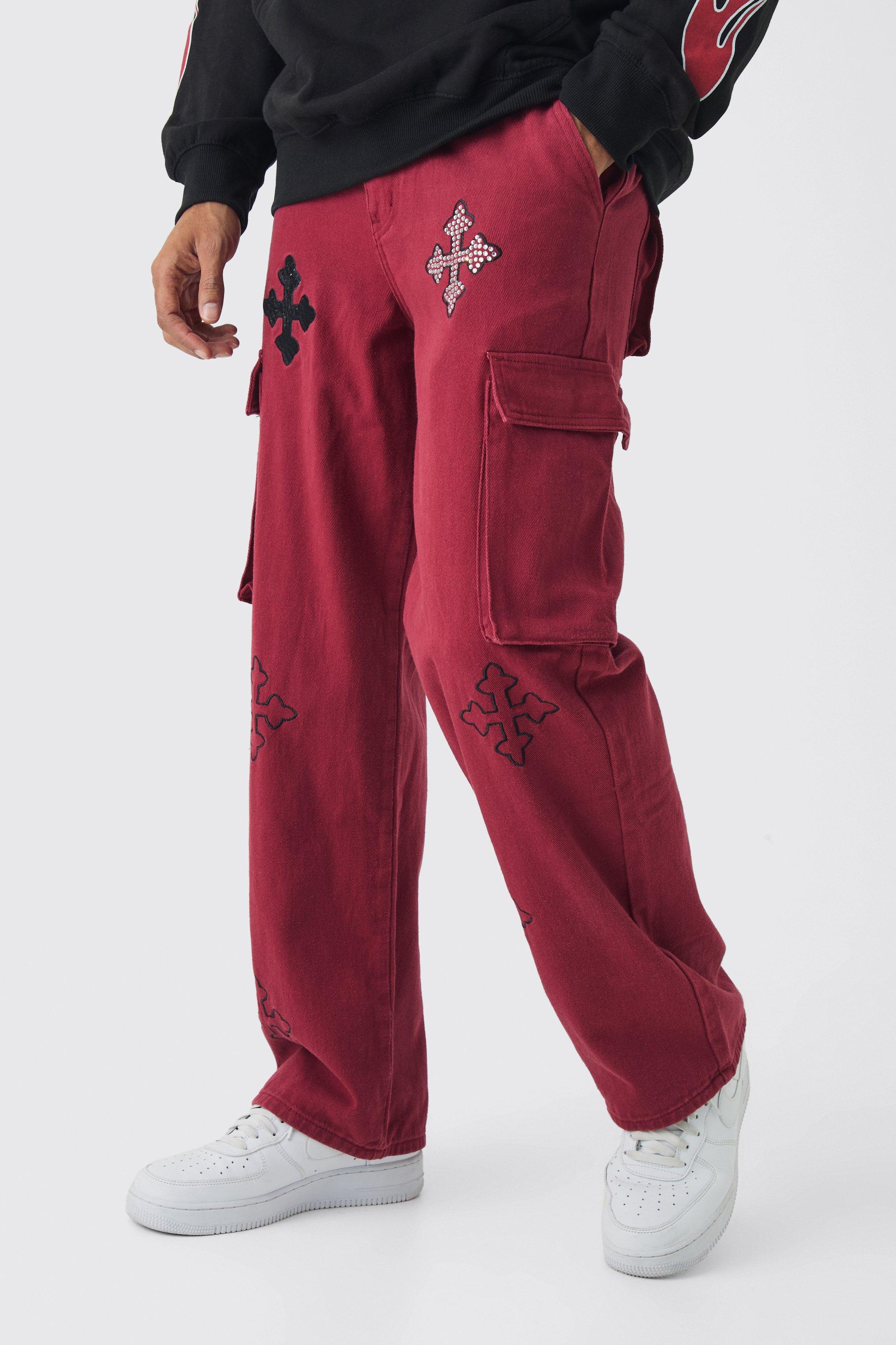 Boohoo Twill Fixed Waist Relaxed Cross Applique Cargo Pants, Red