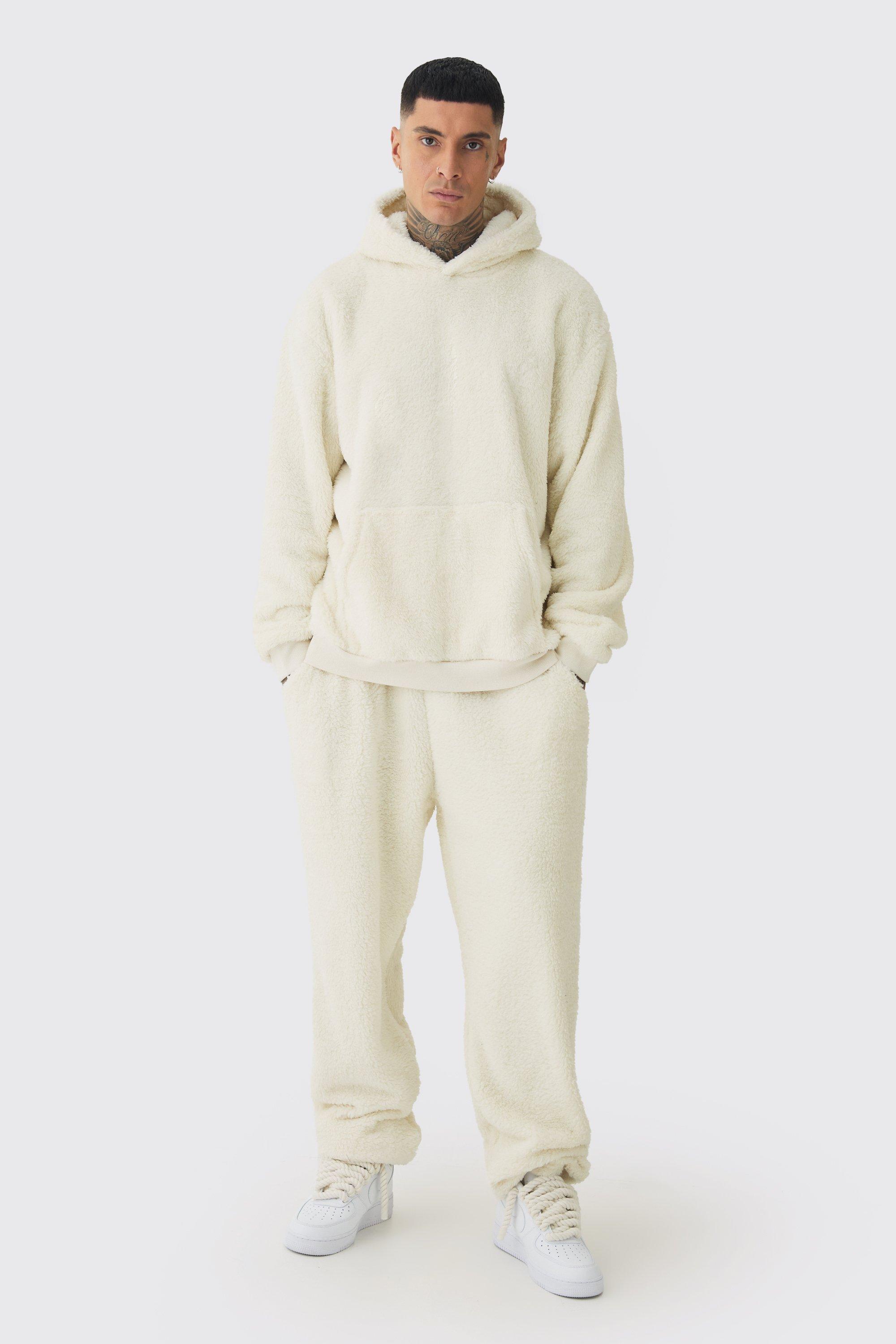Mens Cream Tall Borg Oversized Hooded Tracksuit, Cream